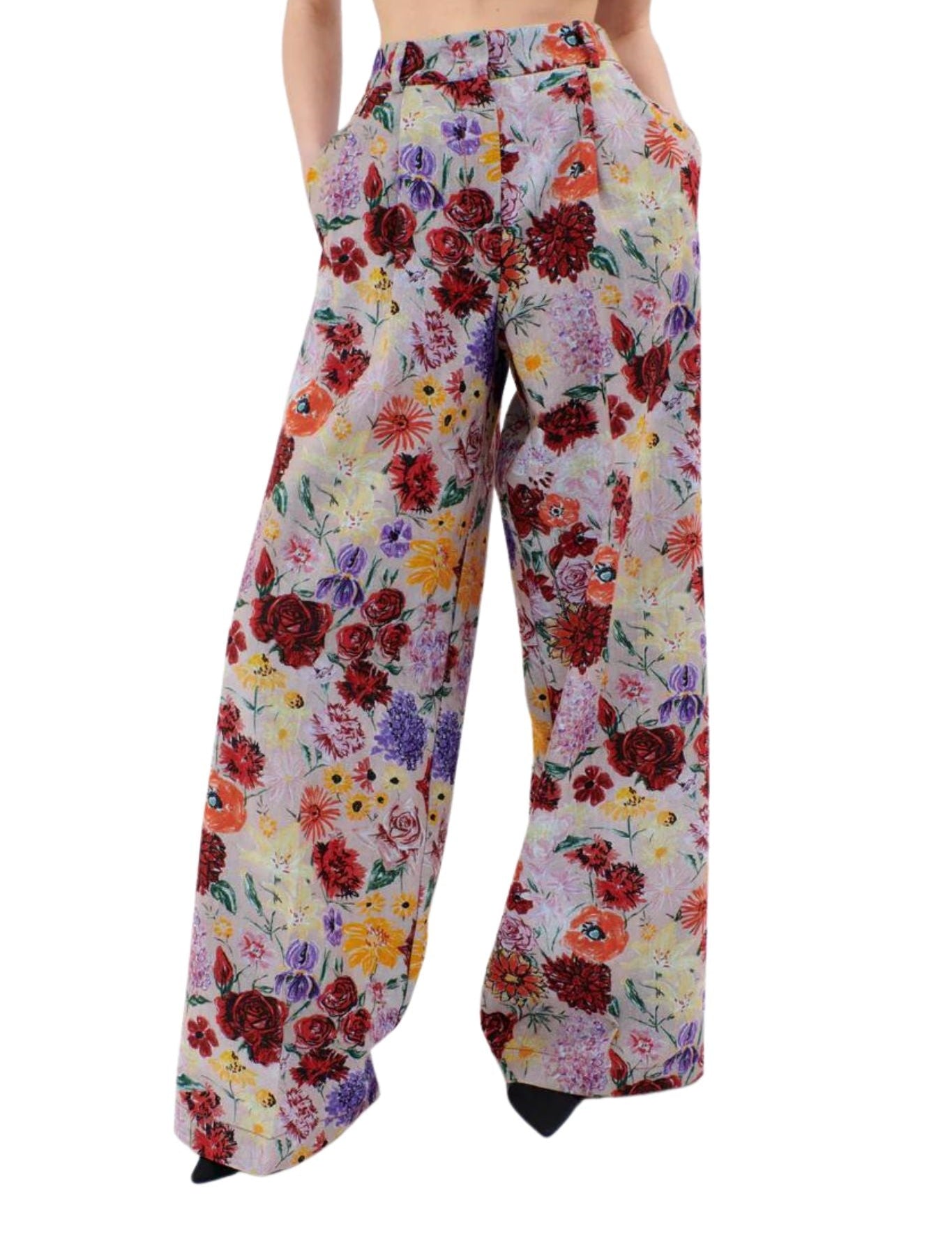 Odeeh Impressionist Flowers Cotton Denim Pants - Vermillion