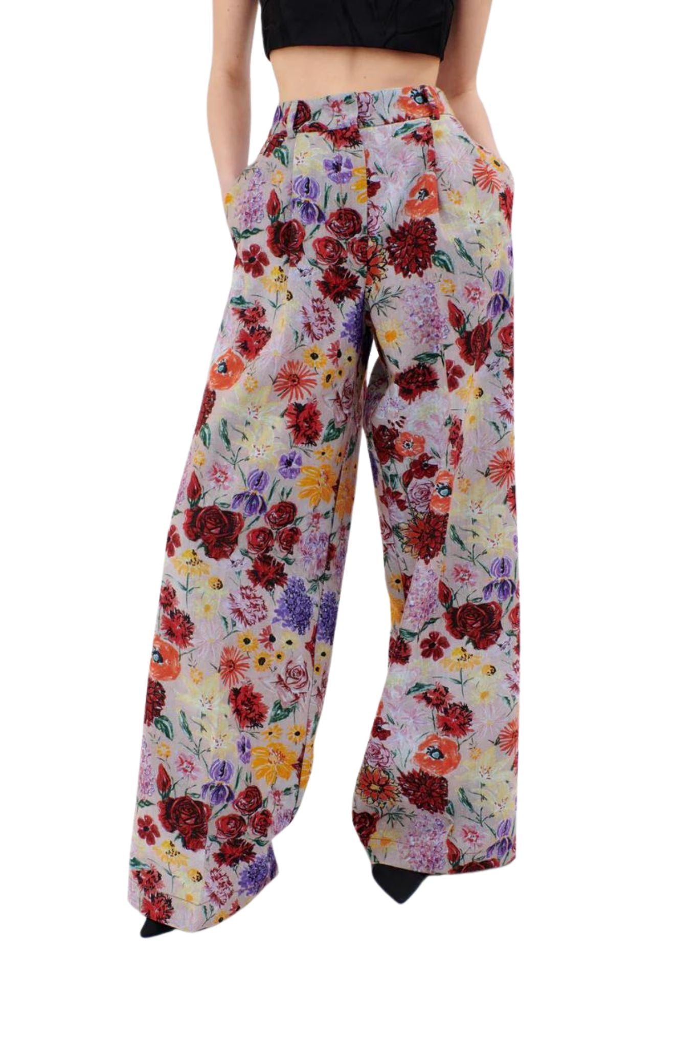 Odeeh Impressionist Flowers Cotton Denim Pants - Vermillion