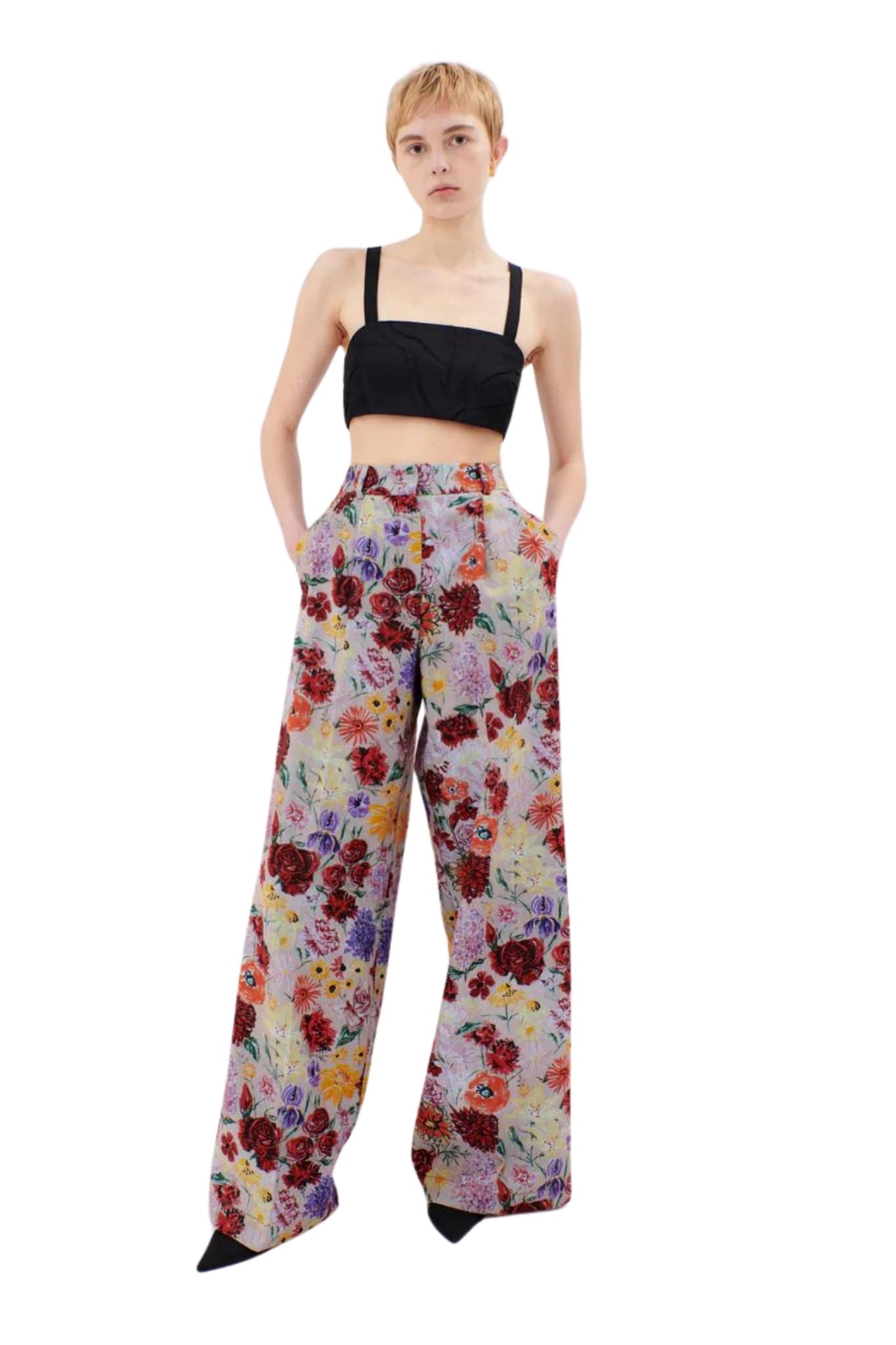 Odeeh Impressionist Flowers Cotton Denim Pants - Vermillion