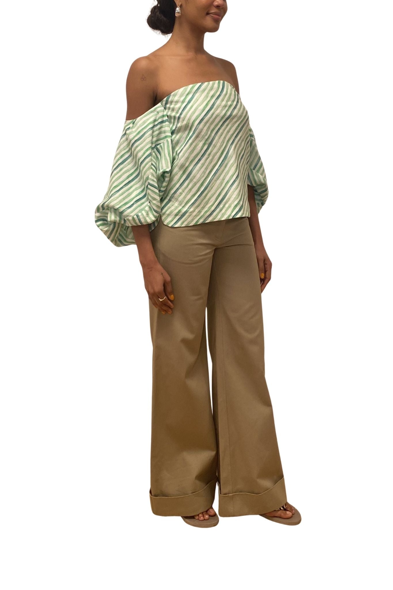 Rosie Assoulin Balloon Sleeve Top in Watercolor Stripe Linen - Vermillion