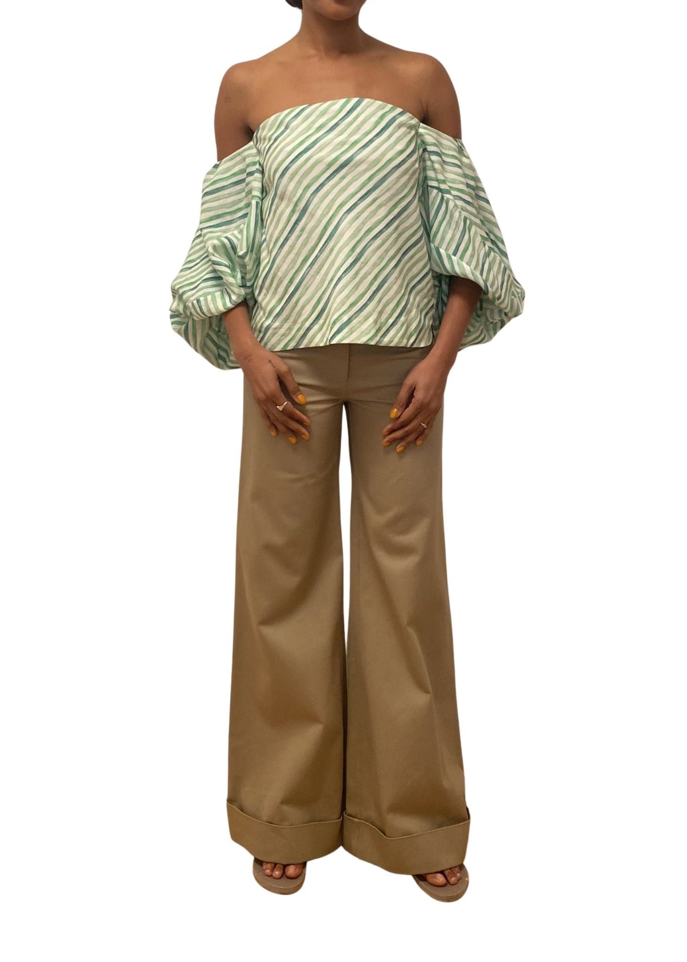 Rosie Assoulin Balloon Sleeve Top in Watercolor Stripe Linen - Vermillion