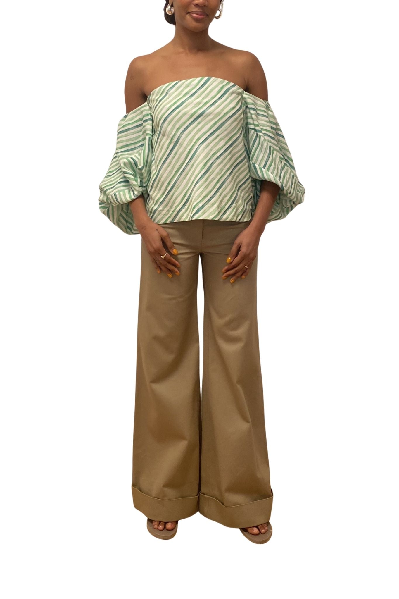 Rosie Assoulin Balloon Sleeve Top in Watercolor Stripe Linen - Vermillion