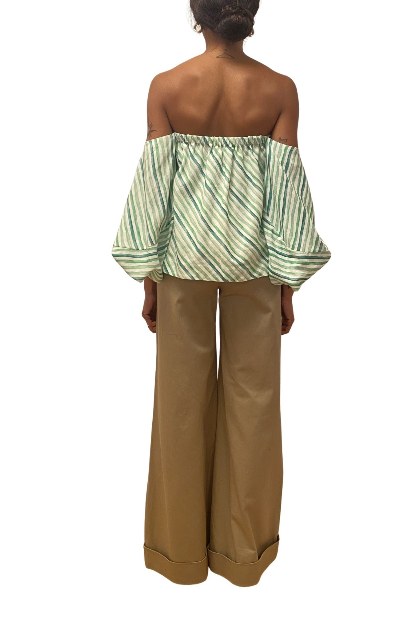 Rosie Assoulin Balloon Sleeve Top in Watercolor Stripe Linen - Vermillion