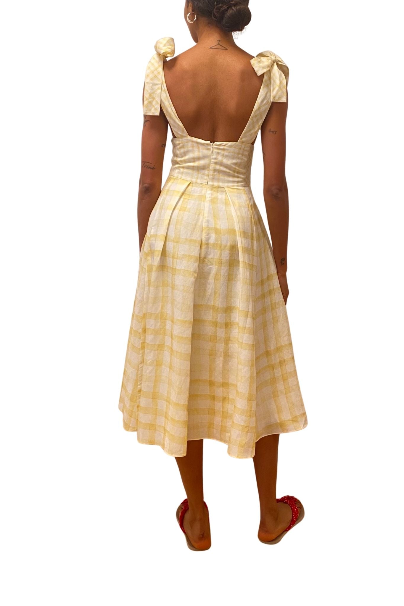 Rosie Assoulin Bow Shoulder Dress in Watercolor Gingham - Vermillion