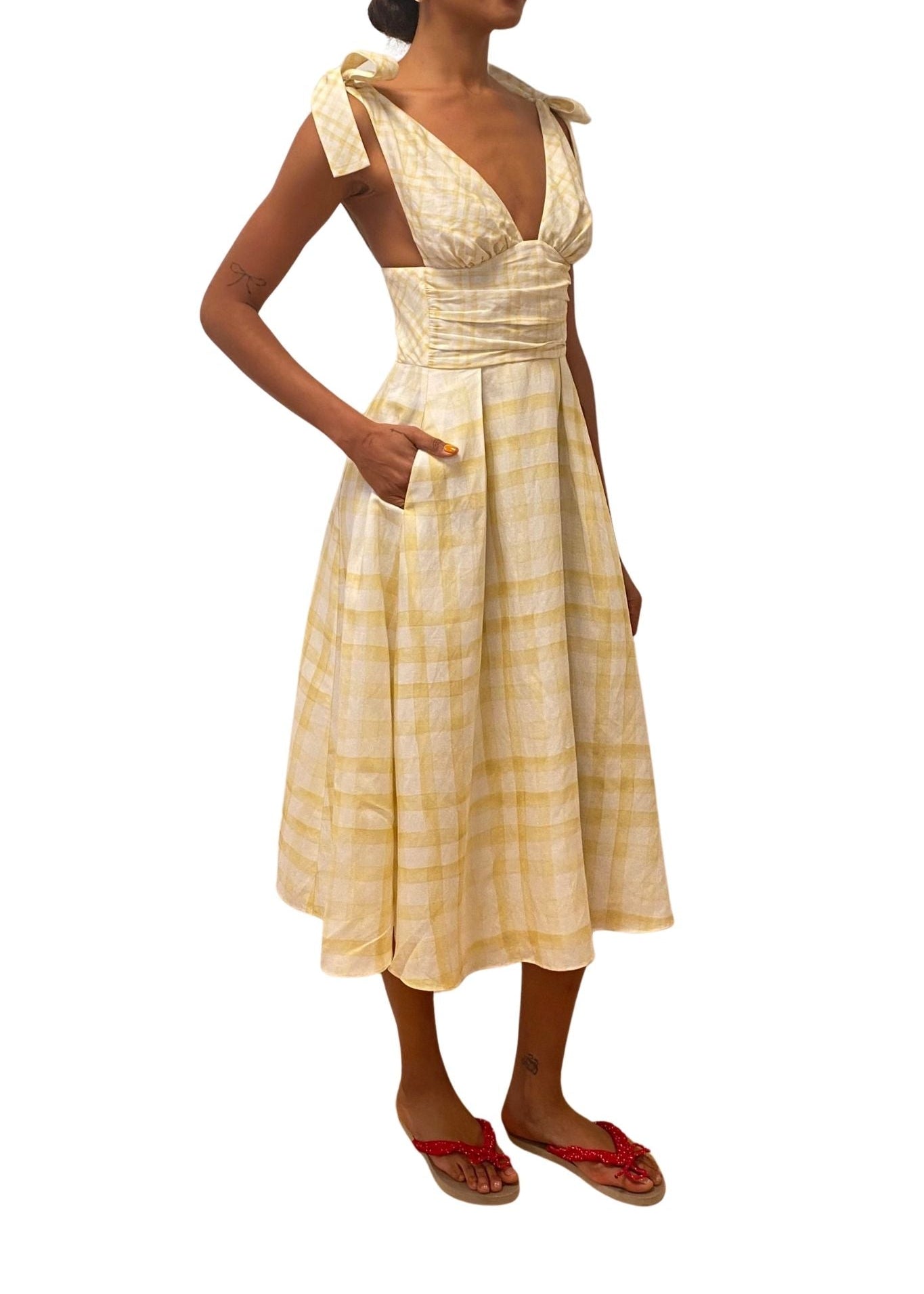 Rosie Assoulin Bow Shoulder Dress in Watercolor Gingham - Vermillion