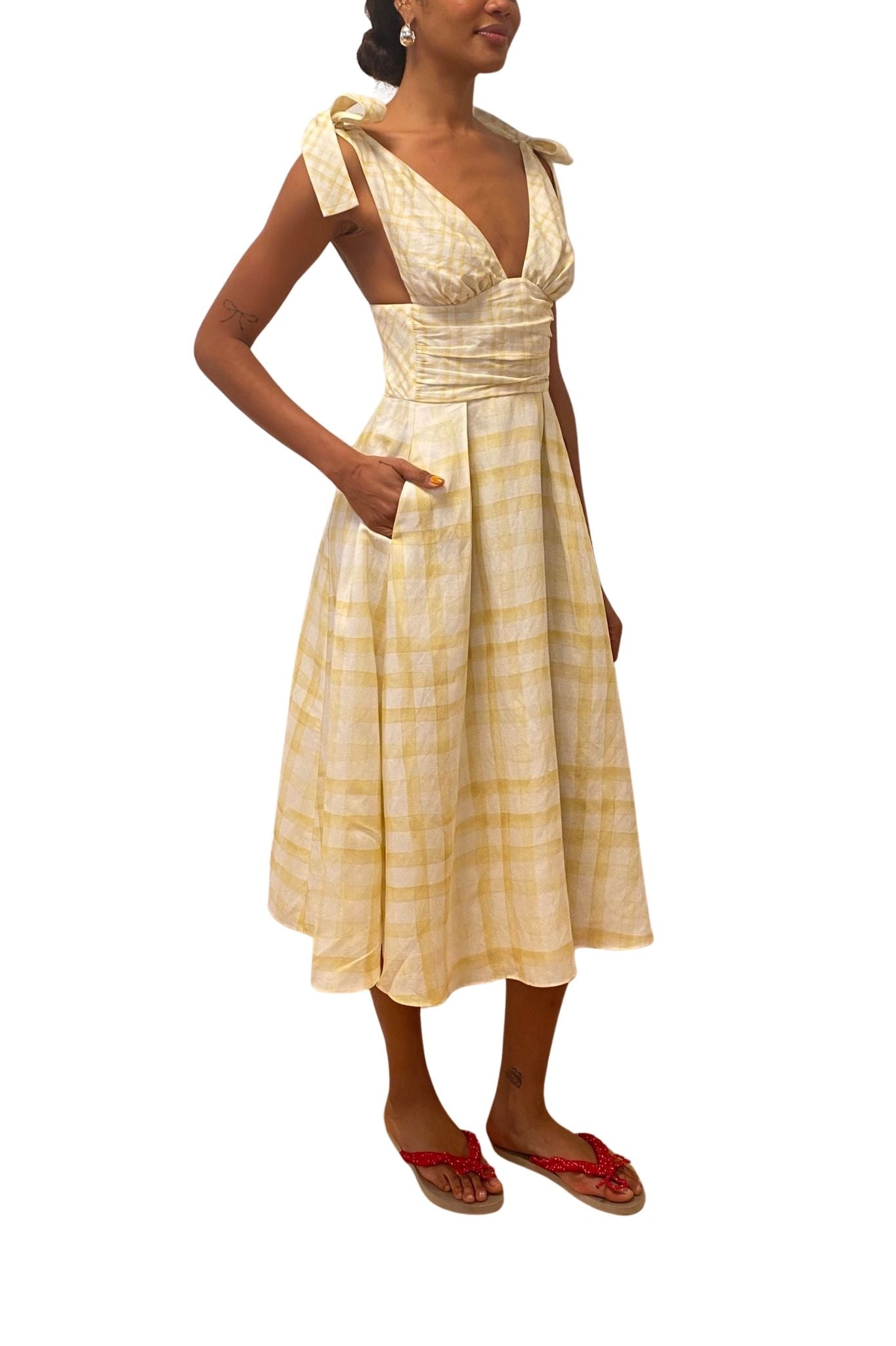 Rosie Assoulin Bow Shoulder Dress in Watercolor Gingham - Vermillion