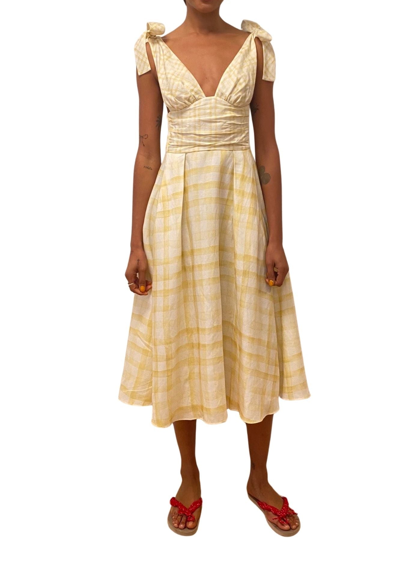 Rosie Assoulin Bow Shoulder Dress in Watercolor Gingham - Vermillion