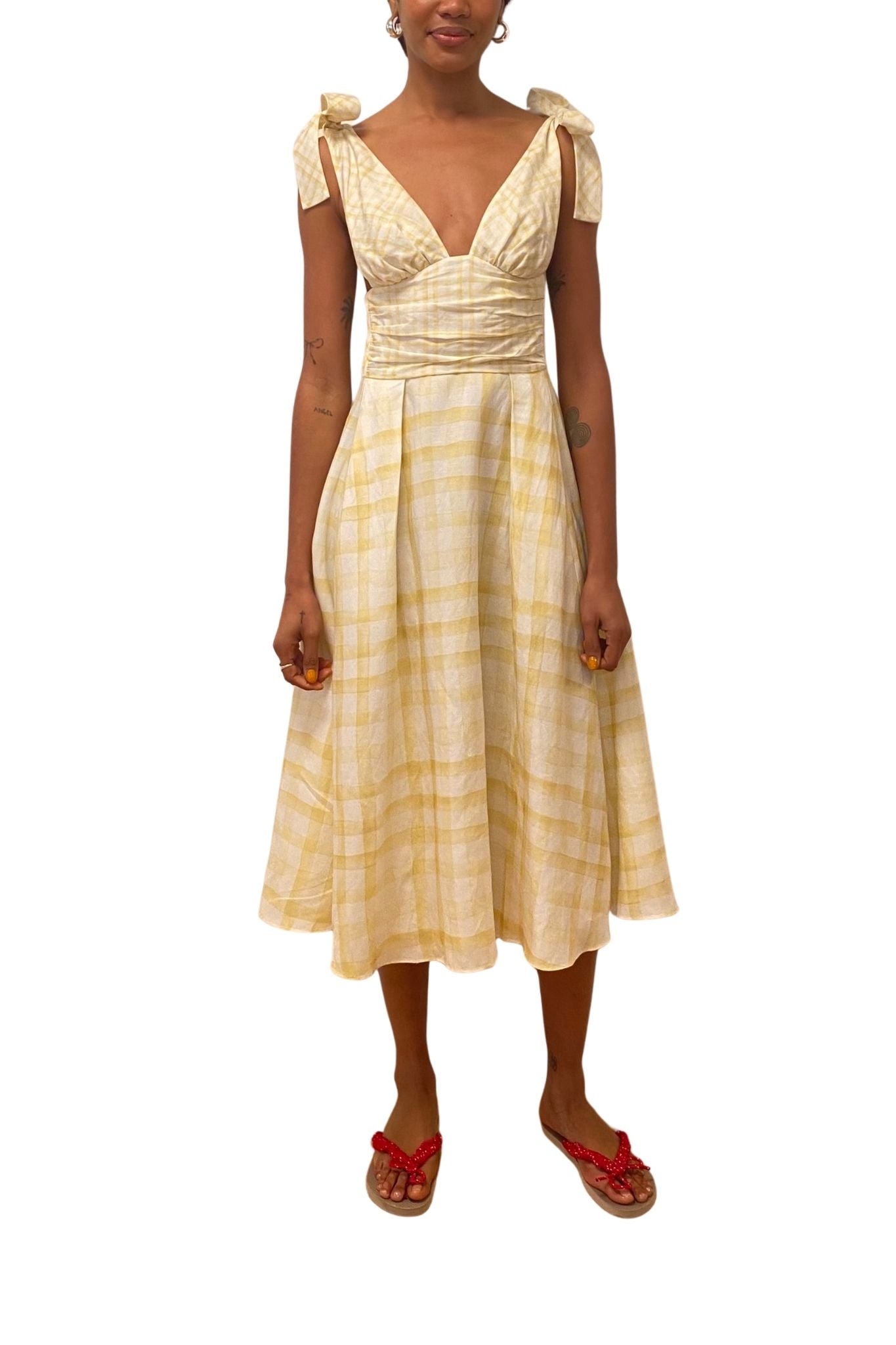 Rosie Assoulin Bow Shoulder Dress in Watercolor Gingham - Vermillion