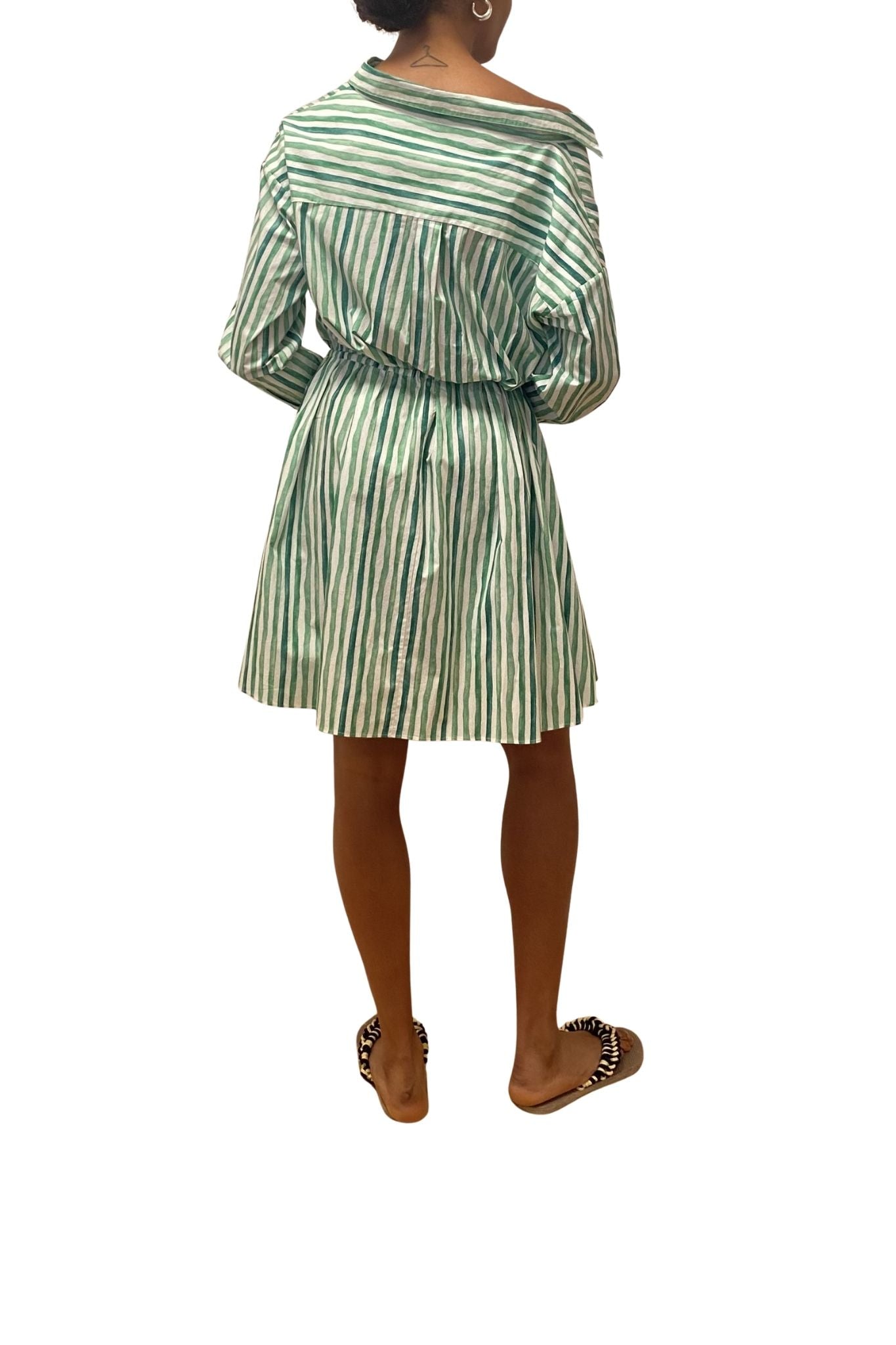 Rosie Assoulin Falling Off the Shoulder Mini Dress in Watercolor Stripe Poplin - Vermillion