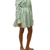 Rosie Assoulin Falling Off the Shoulder Mini Dress in Watercolor Stripe Poplin - Vermillion