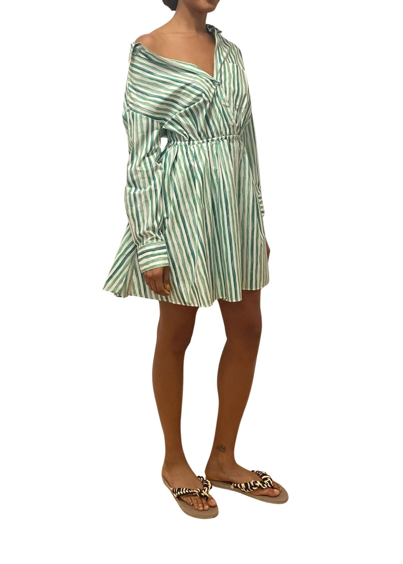 Rosie Assoulin Falling Off the Shoulder Mini Dress in Watercolor Stripe Poplin - Vermillion