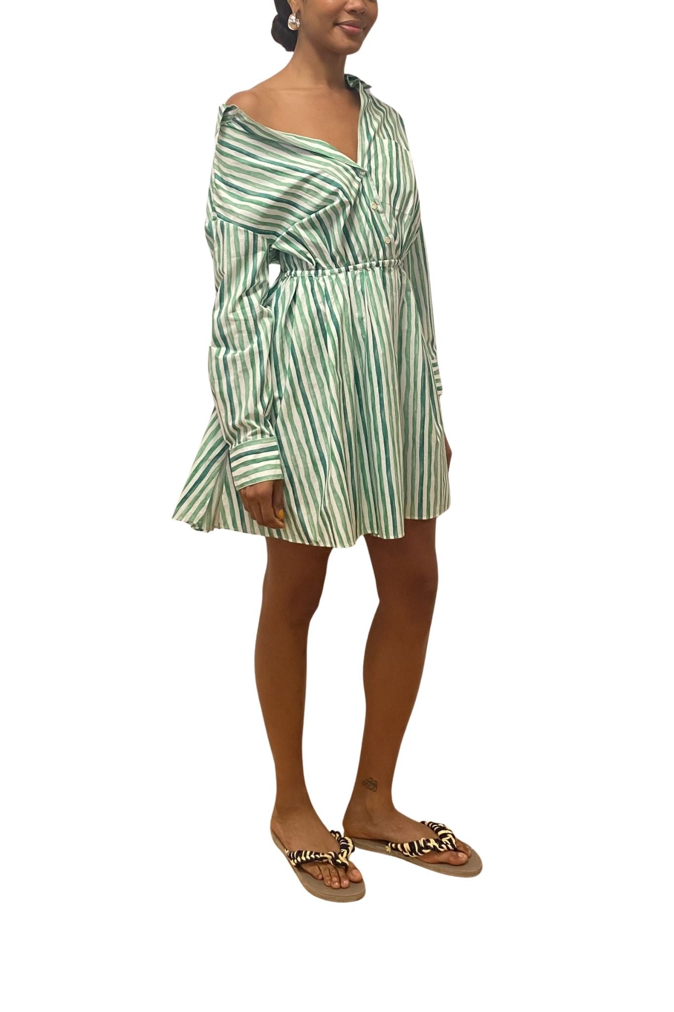 Rosie Assoulin Falling Off the Shoulder Mini Dress in Watercolor Stripe Poplin - Vermillion