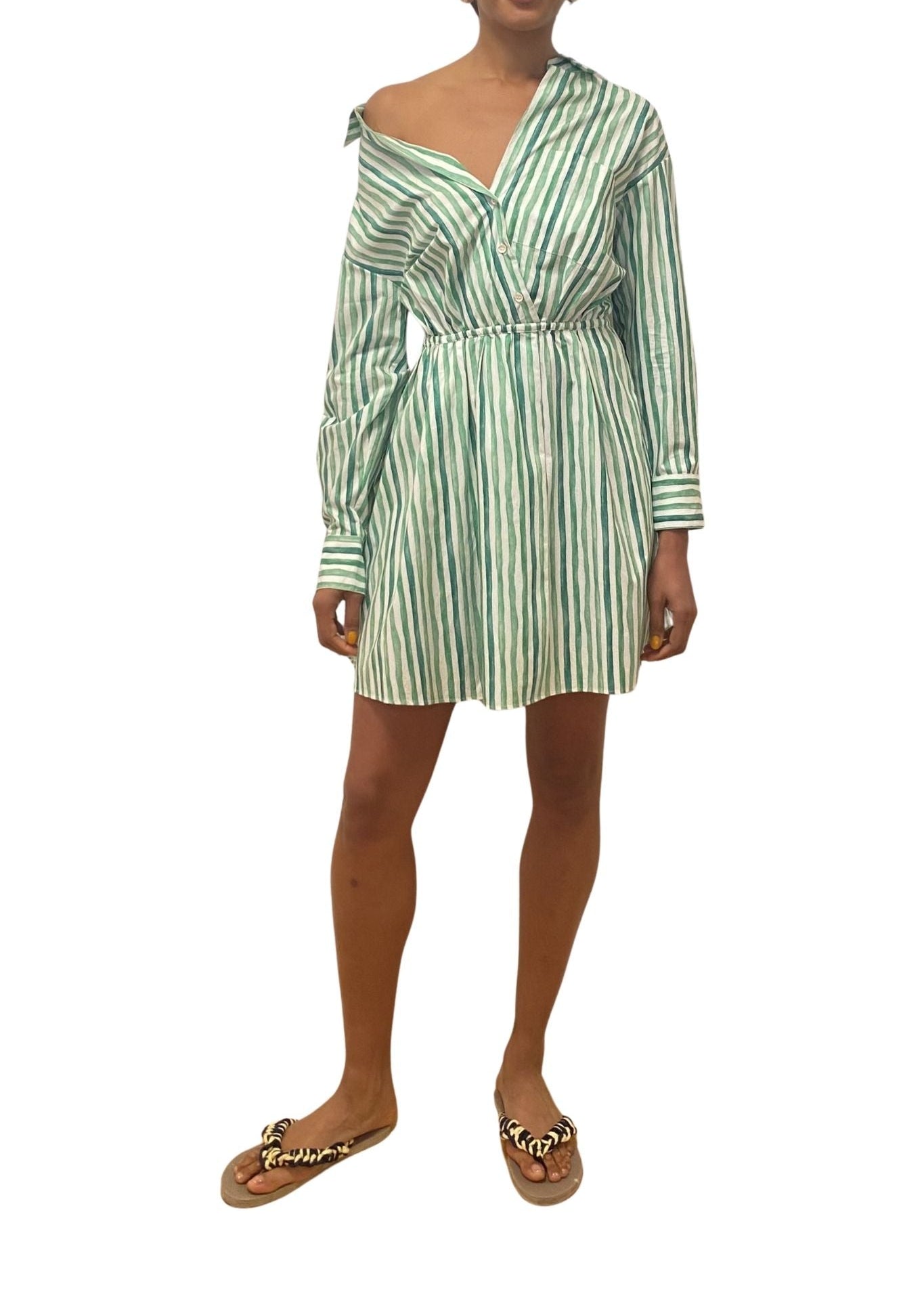 Rosie Assoulin Falling Off the Shoulder Mini Dress in Watercolor Stripe Poplin - Vermillion