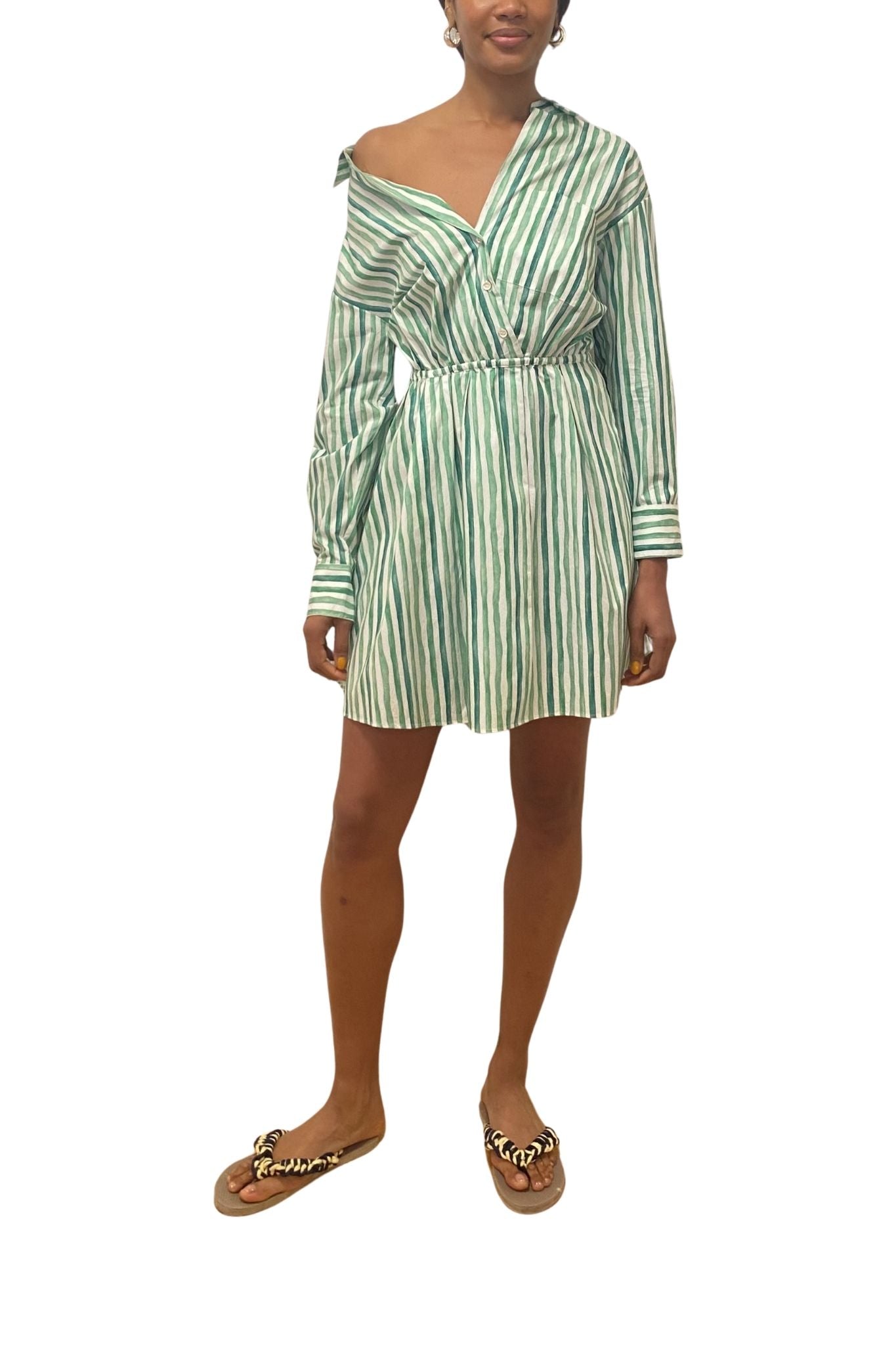 Rosie Assoulin Falling Off the Shoulder Mini Dress in Watercolor Stripe Poplin - Vermillion
