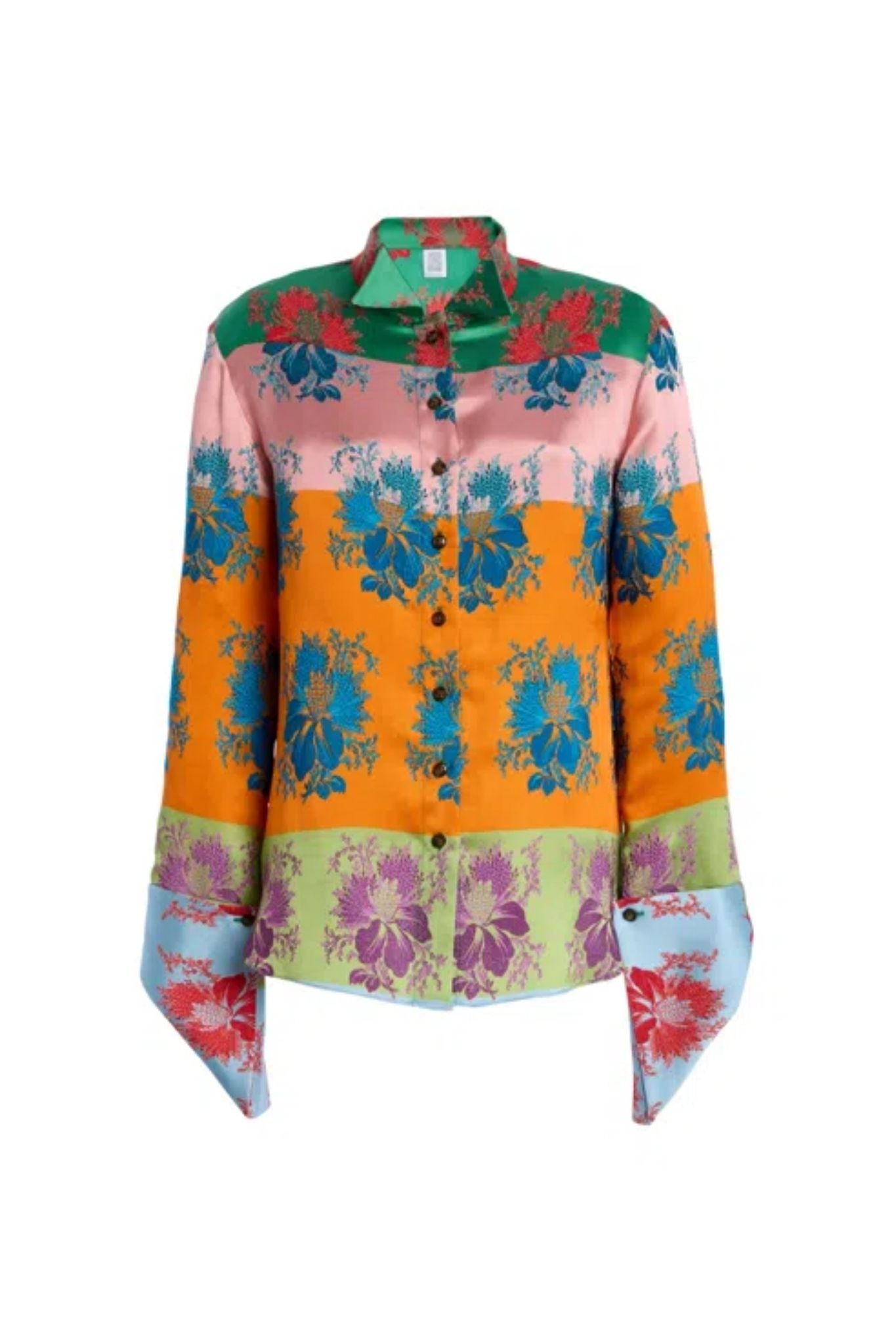 Rosie Assoulin French Cuff Button Up in Hibiscus Jacquard Silk Stripe - Vermillion