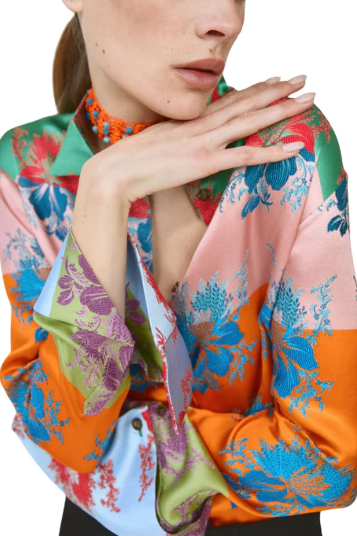 Rosie Assoulin French Cuff Button Up in Hibiscus Jacquard Silk Stripe - Vermillion