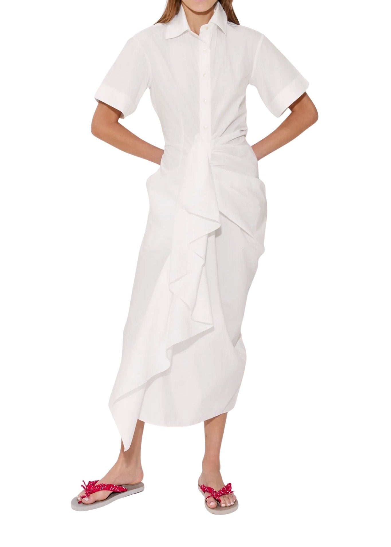 Rosie Assoulin Gathered Ruffle Shirt Dress - Vermillion