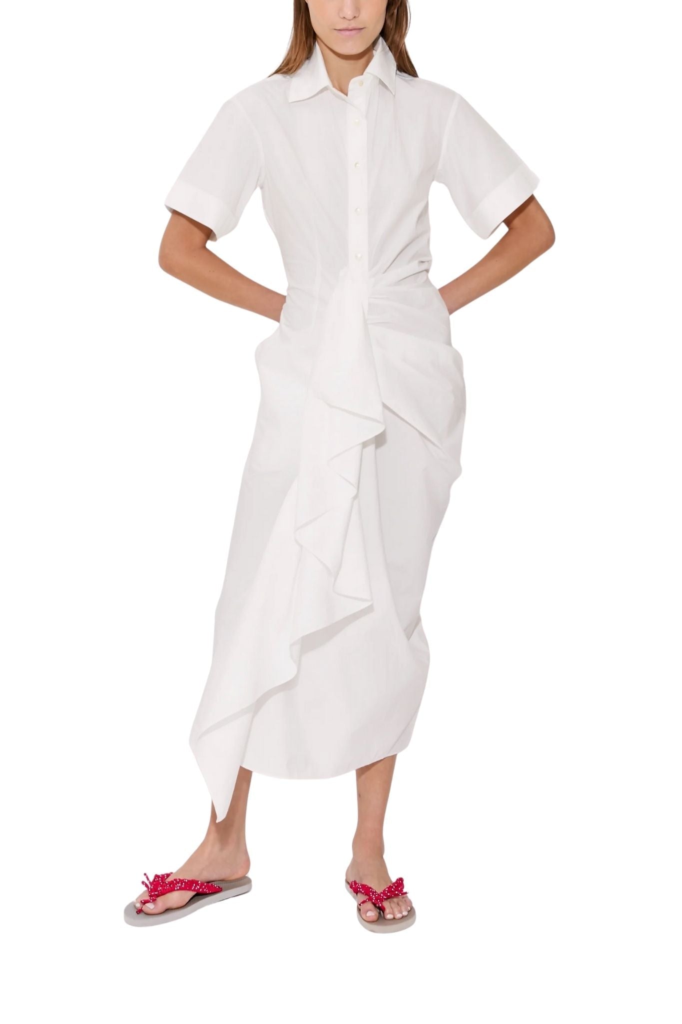 Rosie Assoulin Gathered Ruffle Shirt Dress - Vermillion