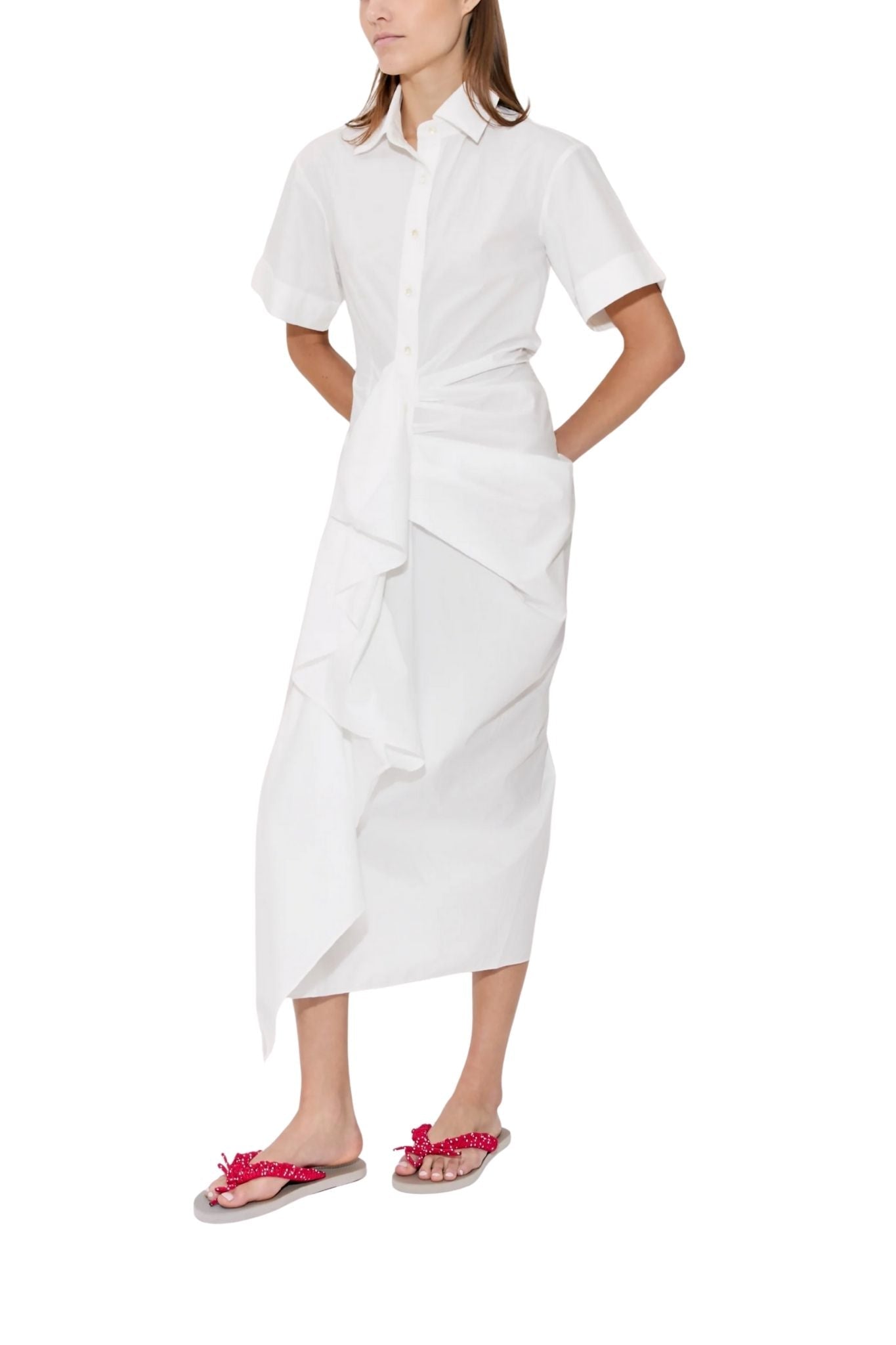 Rosie Assoulin Gathered Ruffle Shirt Dress - Vermillion