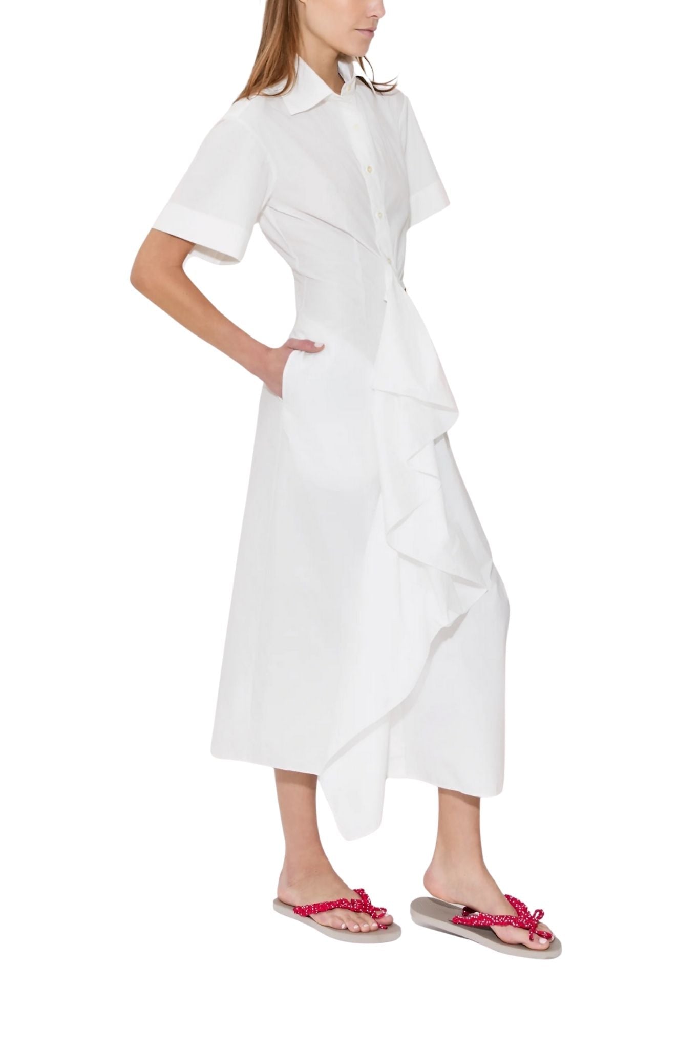 Rosie Assoulin Gathered Ruffle Shirt Dress - Vermillion