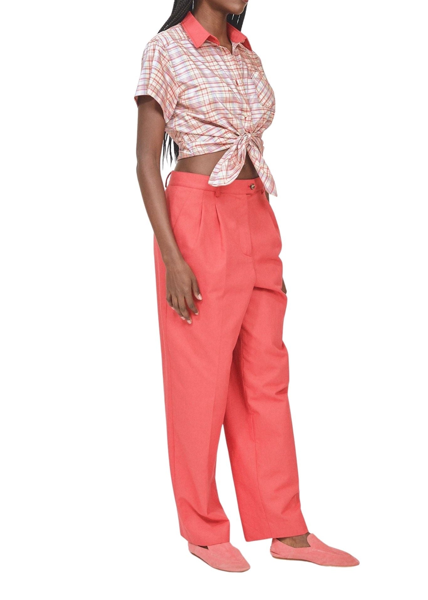 Rosie Assoulin Tailored Tie Me Up, Tie Me Button Down in Ombre Plaid Silk Taffeta - Vermillion