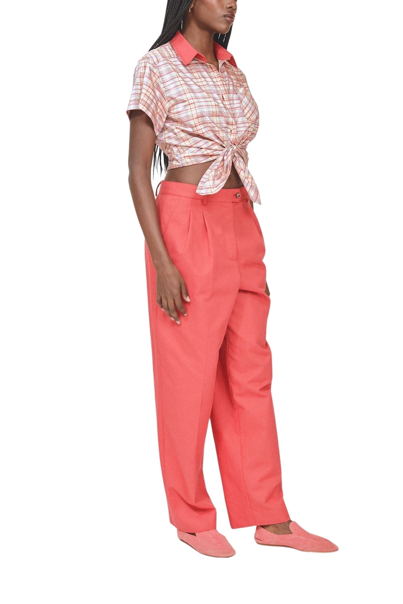 Rosie Assoulin Tailored Tie Me Up, Tie Me Button Down in Ombre Plaid Silk Taffeta - Vermillion