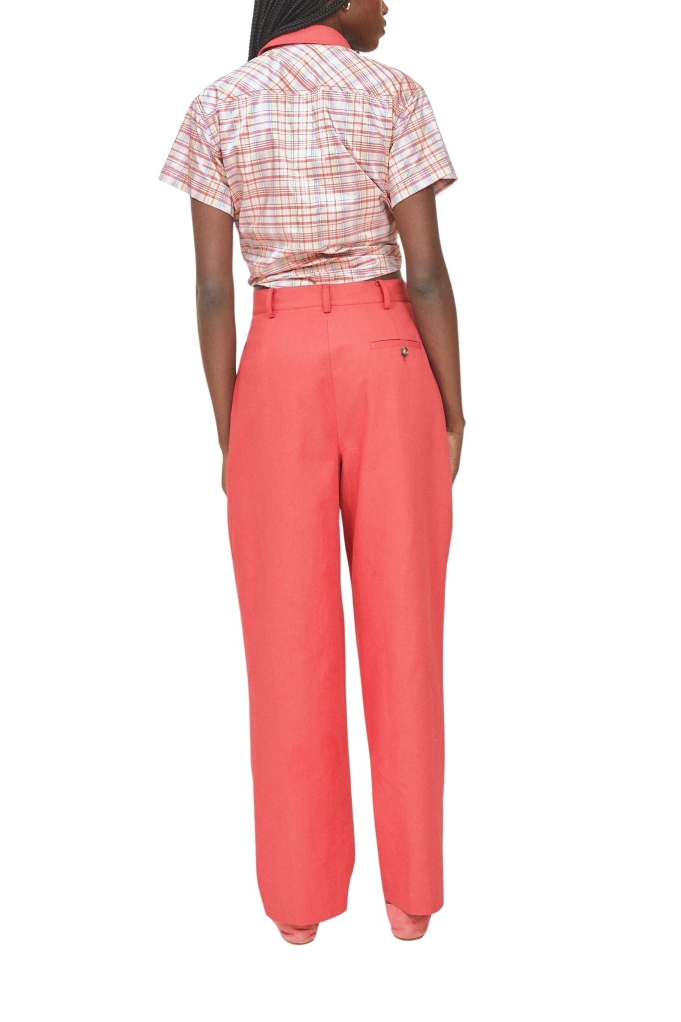 Rosie Assoulin Tailored Tie Me Up, Tie Me Button Down in Ombre Plaid Silk Taffeta - Vermillion