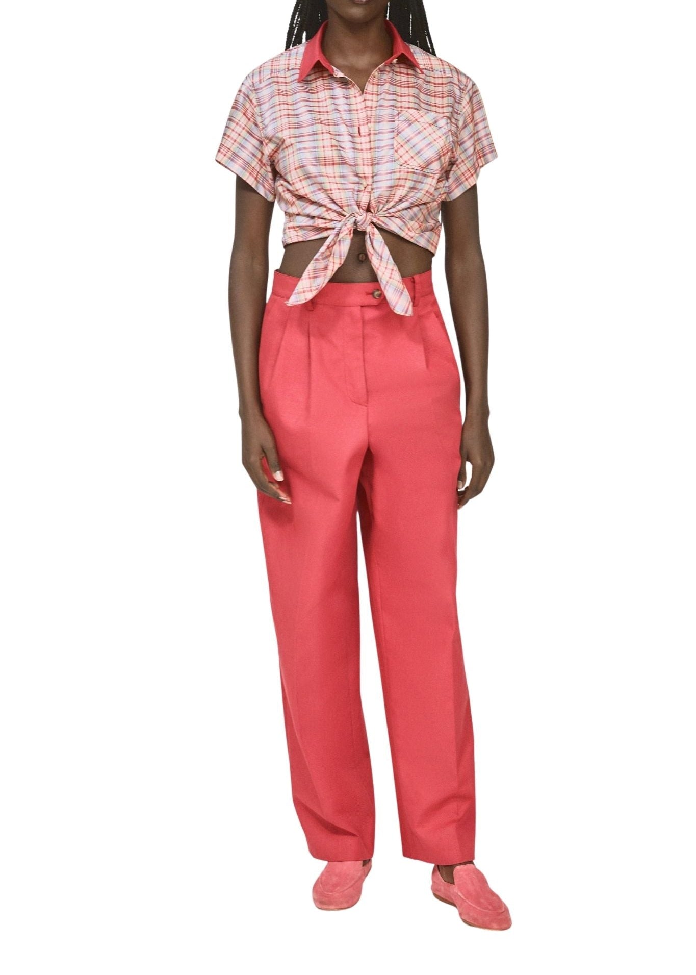 Rosie Assoulin Tailored Tie Me Up, Tie Me Button Down in Ombre Plaid Silk Taffeta - Vermillion