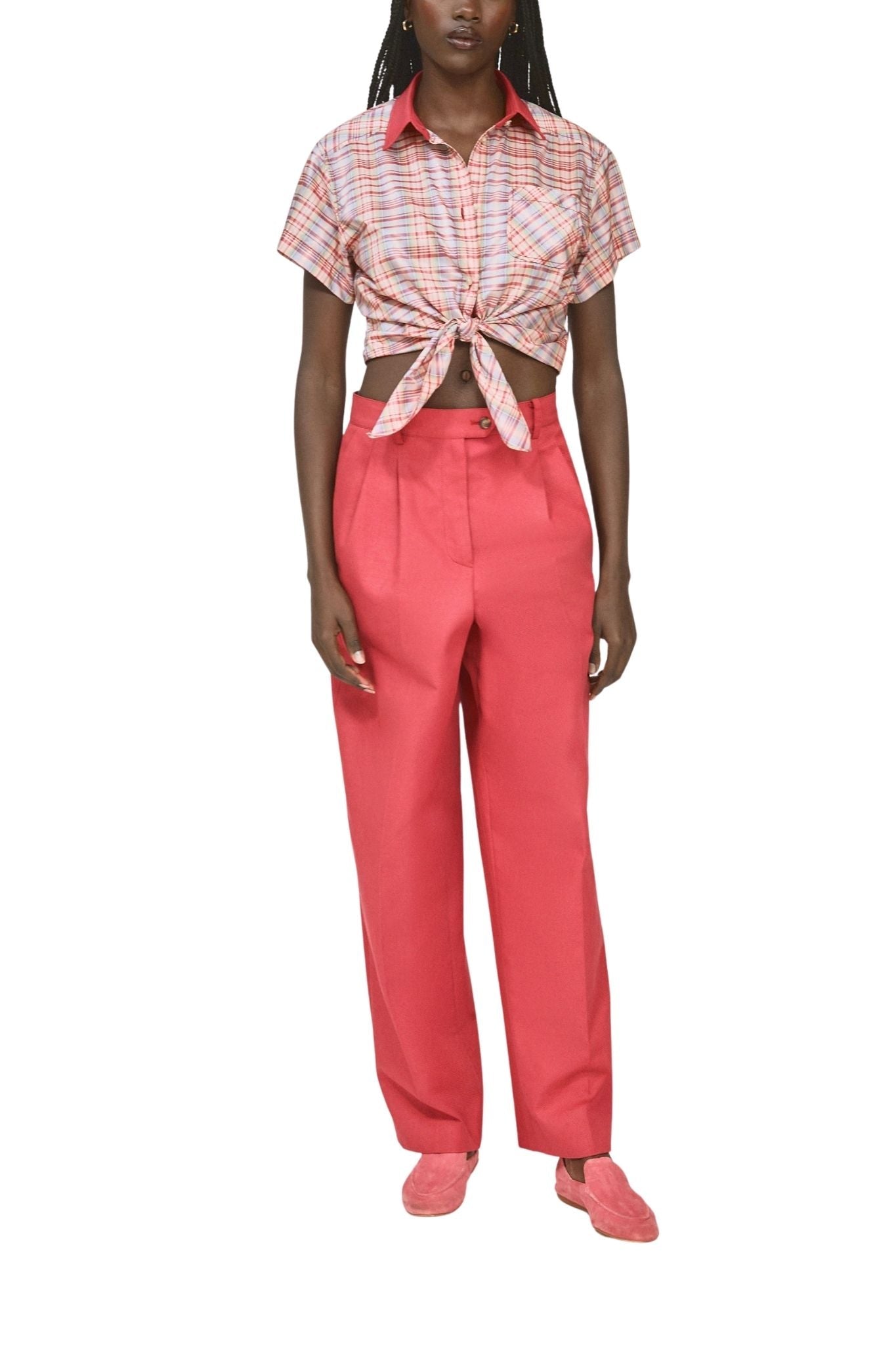 Rosie Assoulin Tailored Tie Me Up, Tie Me Button Down in Ombre Plaid Silk Taffeta - Vermillion