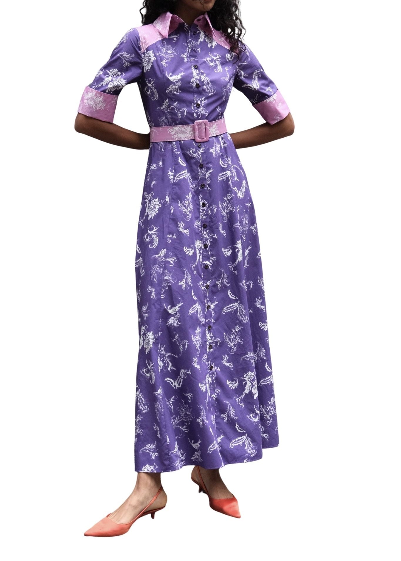 Rosie Assoulin Whoa, Whoa, Whoa She's a Lady Dress in Tossed Floral Cotton Poplin - Vermillion