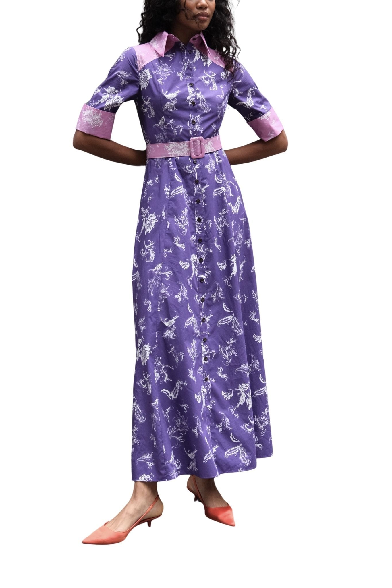 Rosie Assoulin Whoa, Whoa, Whoa She's a Lady Dress in Tossed Floral Cotton Poplin - Vermillion