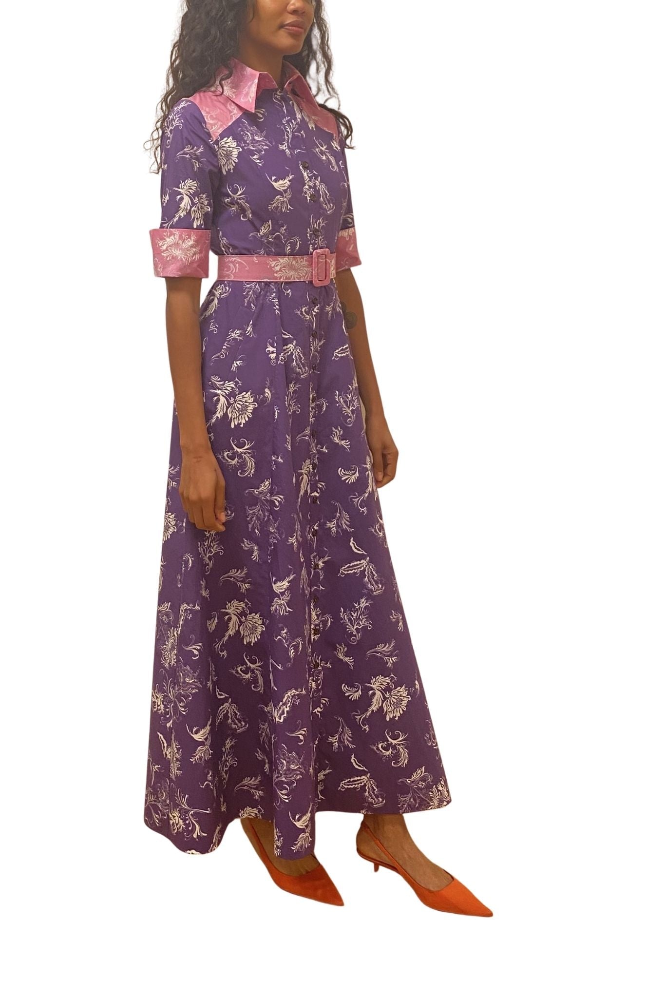 Rosie Assoulin Whoa, Whoa, Whoa She's a Lady Dress in Tossed Floral Cotton Poplin - Vermillion