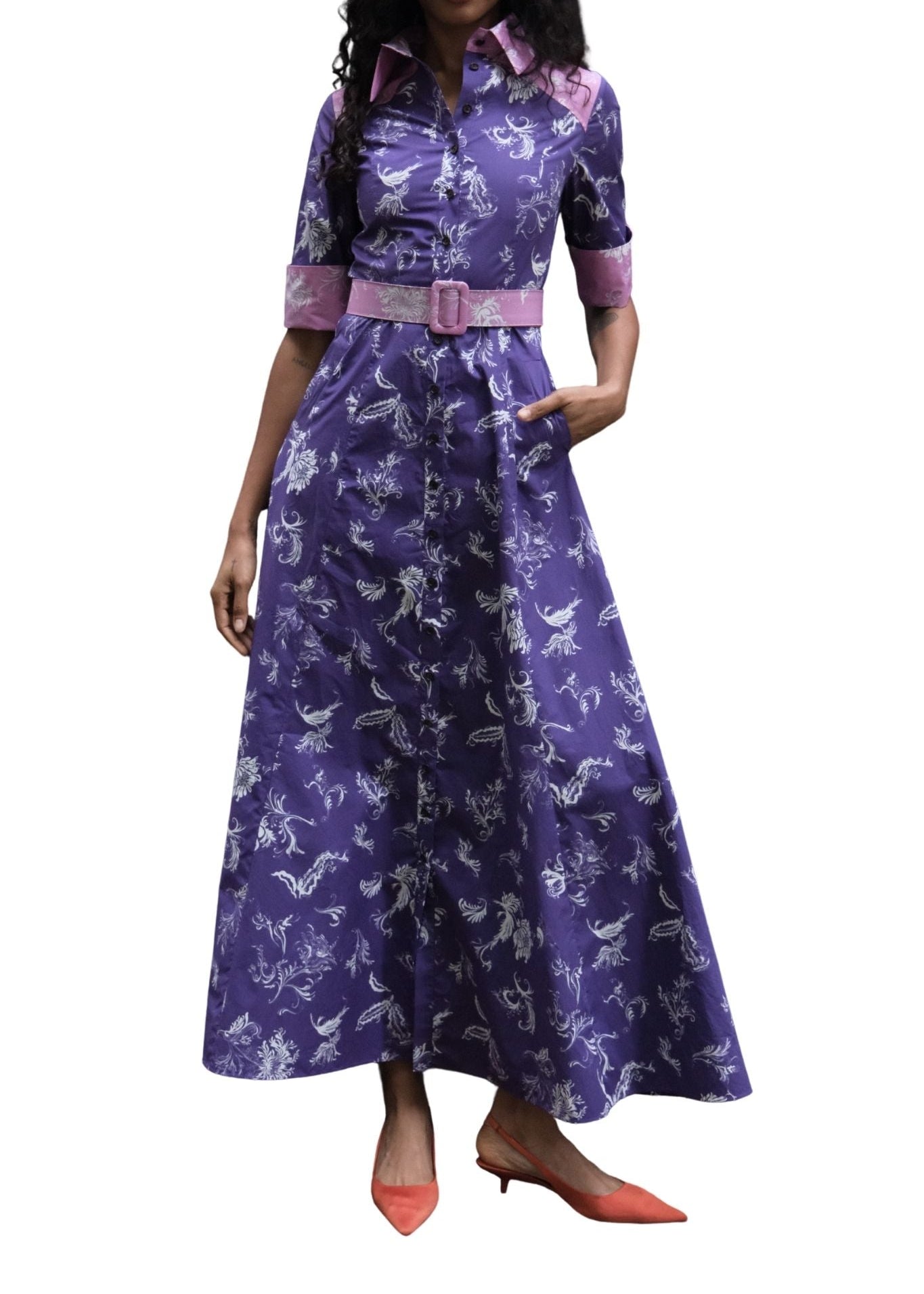 Rosie Assoulin Whoa, Whoa, Whoa She's a Lady Dress in Tossed Floral Cotton Poplin - Vermillion