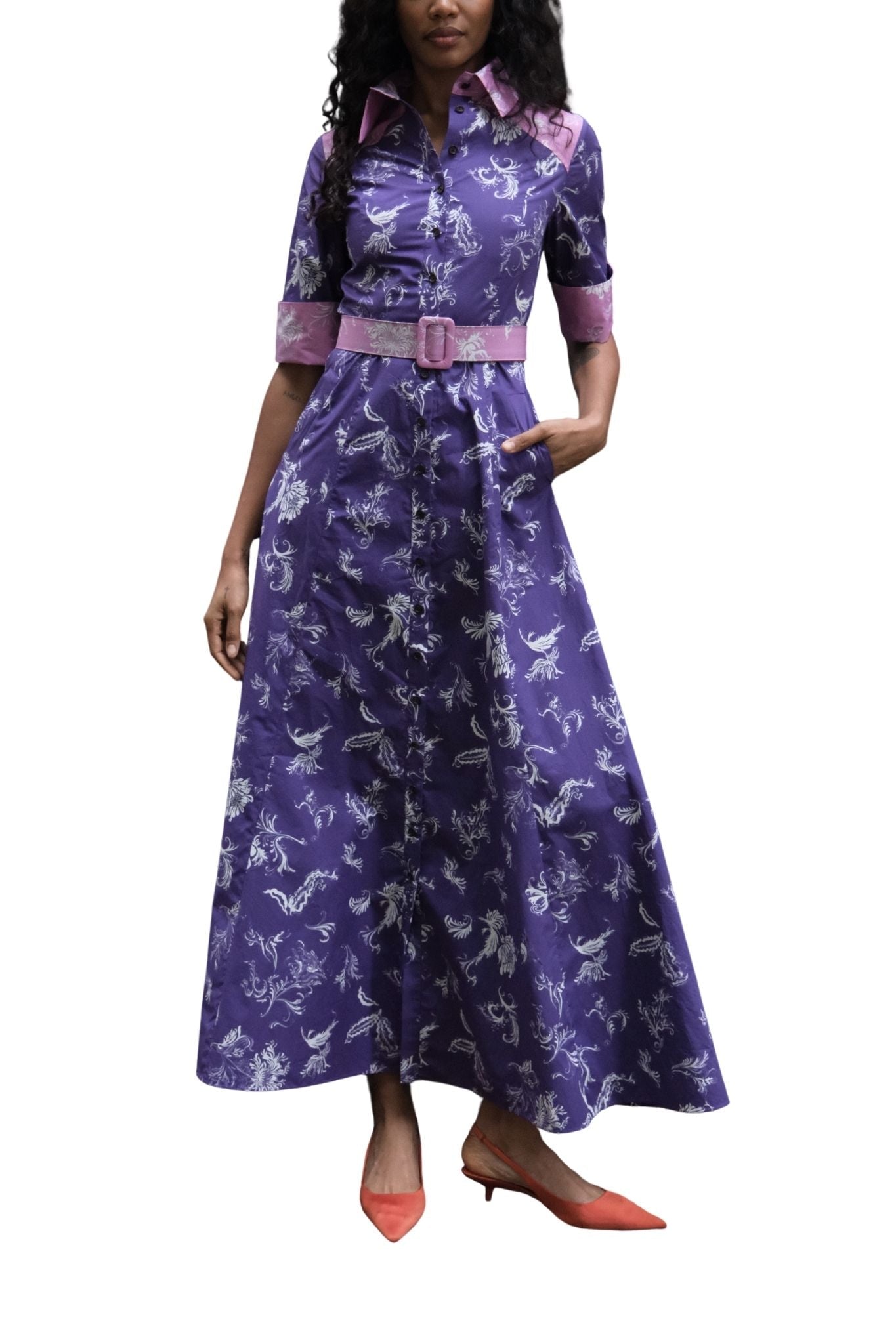 Rosie Assoulin Whoa, Whoa, Whoa She's a Lady Dress in Tossed Floral Cotton Poplin - Vermillion