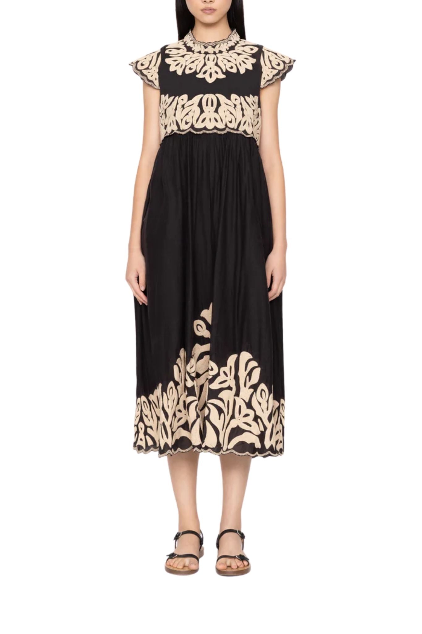 Sea Alexandra Embroidery Cap Slv Midi Dress - Vermillion