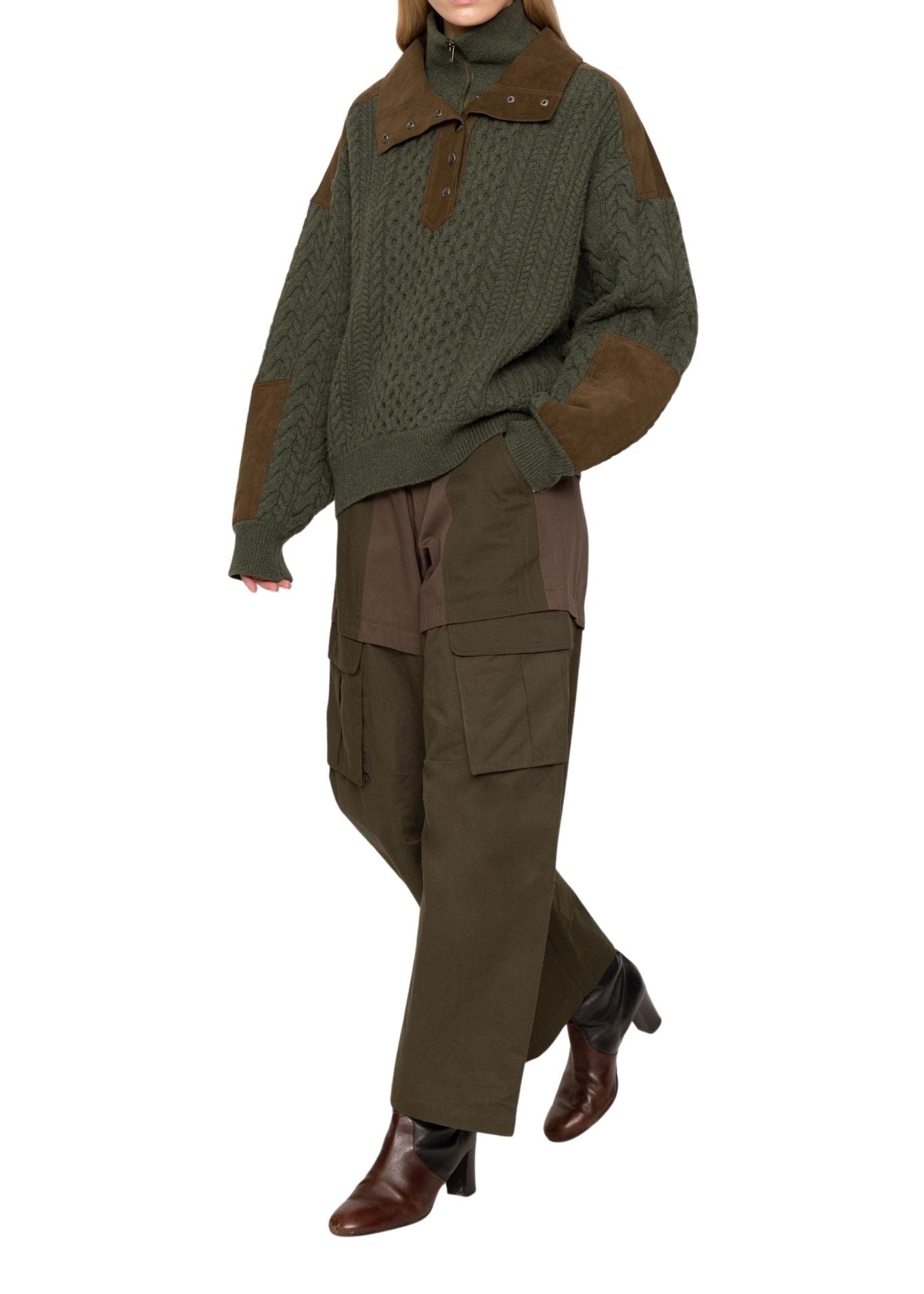 Sea Allen Cable Half Zip Double Layer Sweater - Vermillion