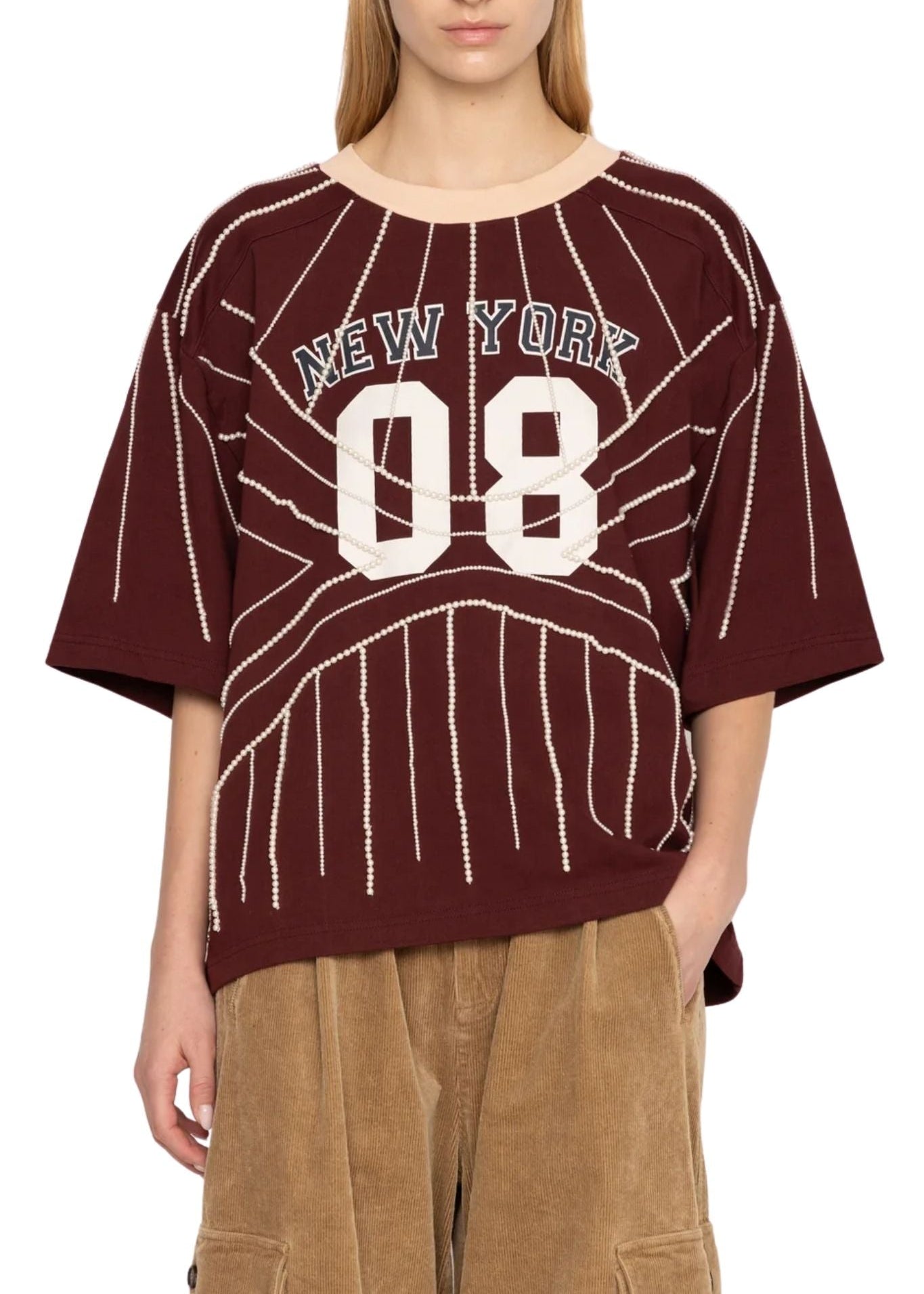 Sea Quinn Embroidered Beaded Tee Shirt - Vermillion