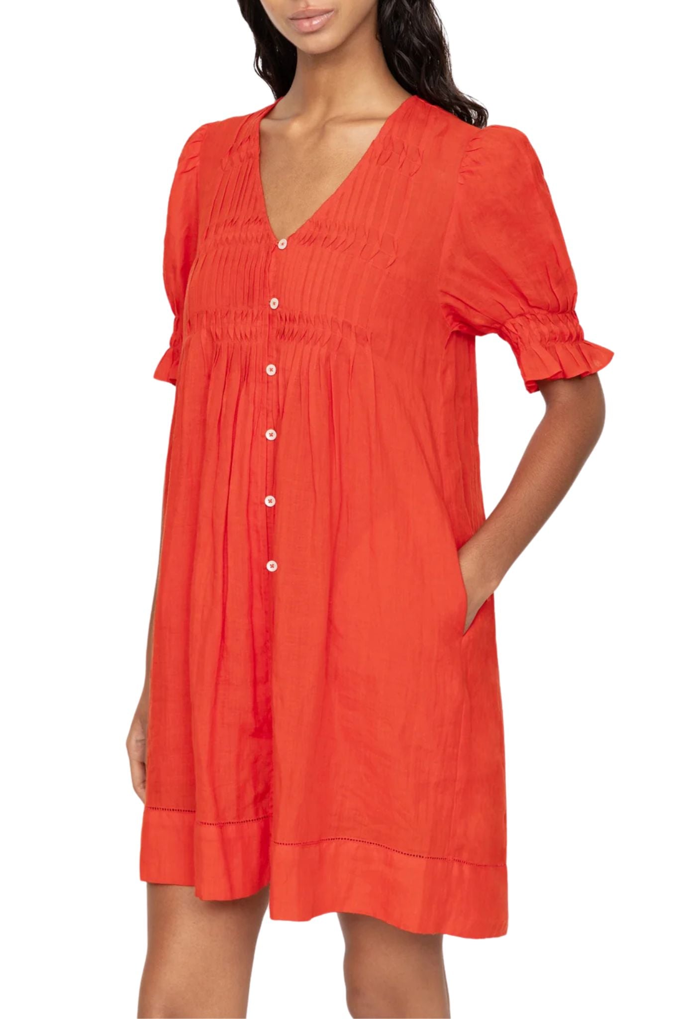 Sea Zora Solid Short Sleeve Button Down Dress - Vermillion