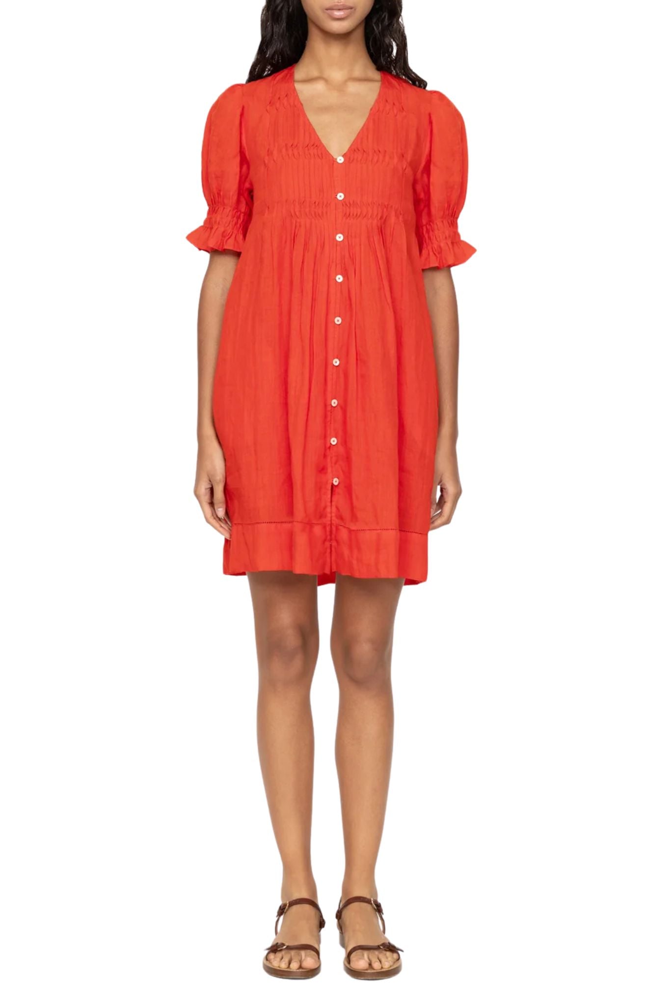 Sea Zora Solid Short Sleeve Button Down Dress - Vermillion