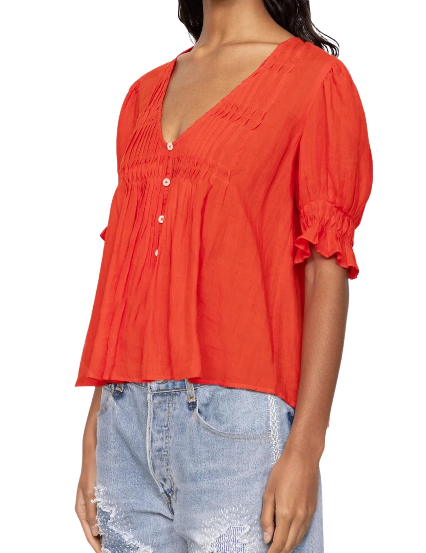 Sea Zora Solid Short Sleeve Button Down Top - Vermillion