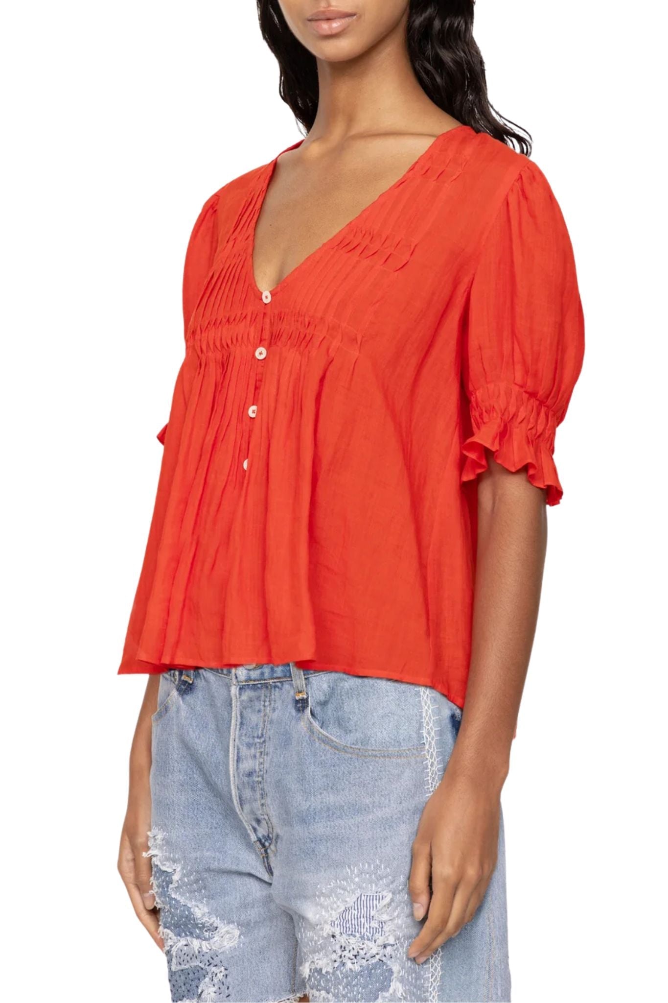 Sea Zora Solid Short Sleeve Button Down Top - Vermillion