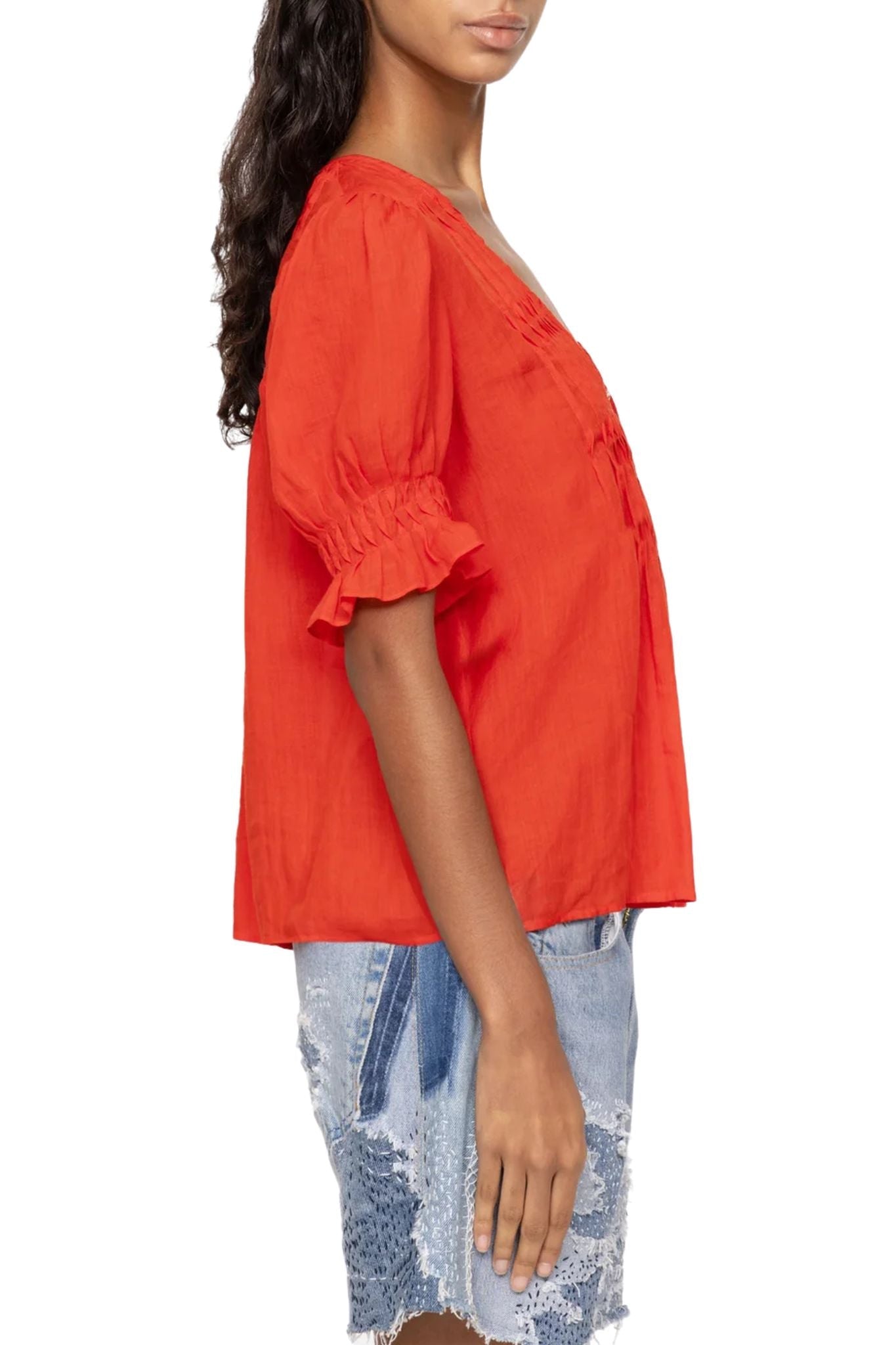 Sea Zora Solid Short Sleeve Button Down Top - Vermillion