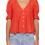 Sea Zora Solid Short Sleeve Button Down Top - Vermillion