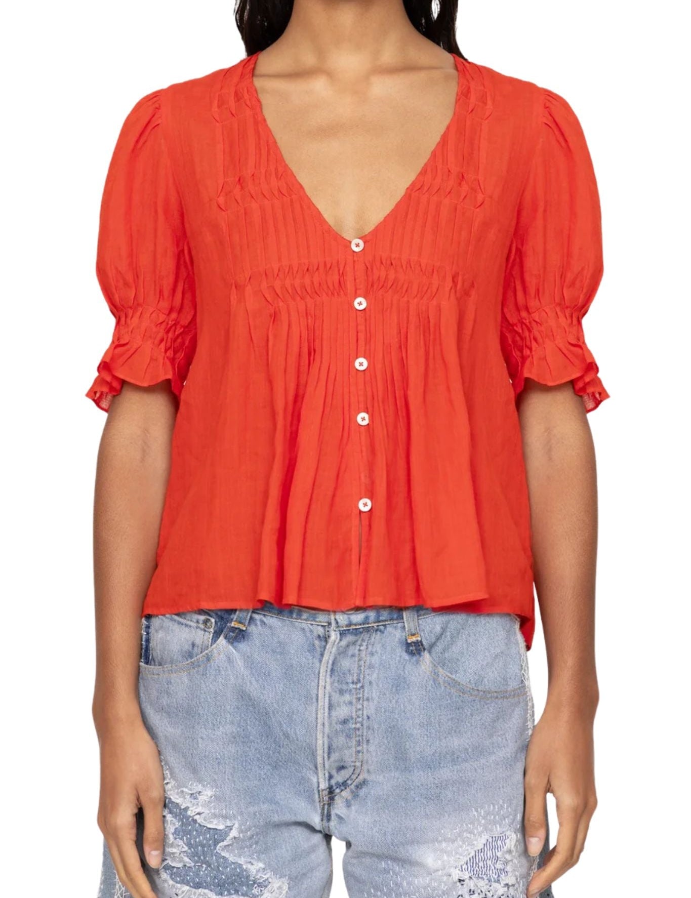 Sea Zora Solid Short Sleeve Button Down Top - Vermillion