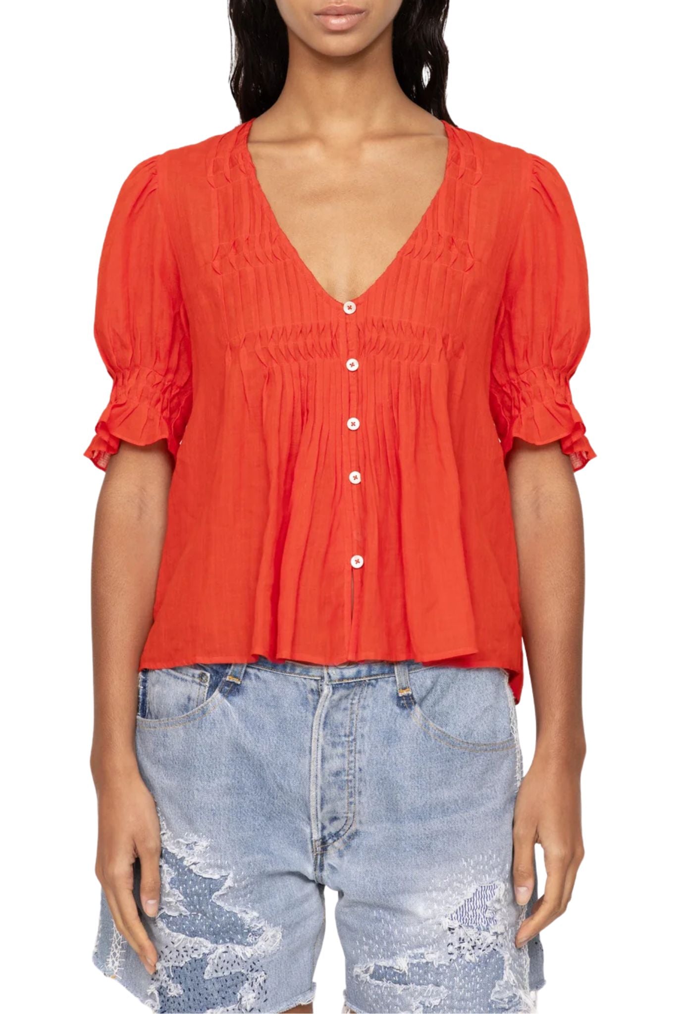 Sea Zora Solid Short Sleeve Button Down Top - Vermillion