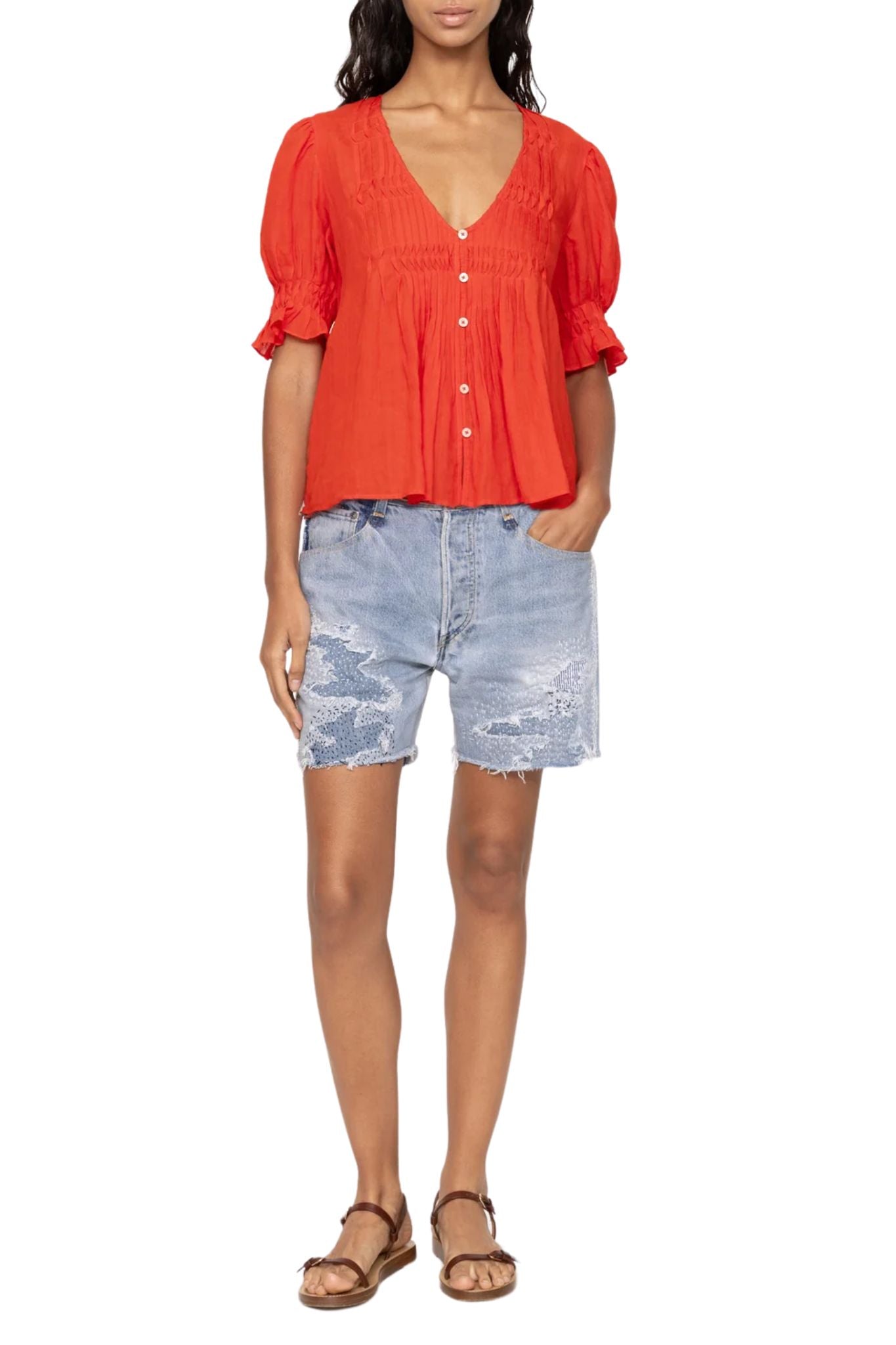 Sea Zora Solid Short Sleeve Button Down Top - Vermillion