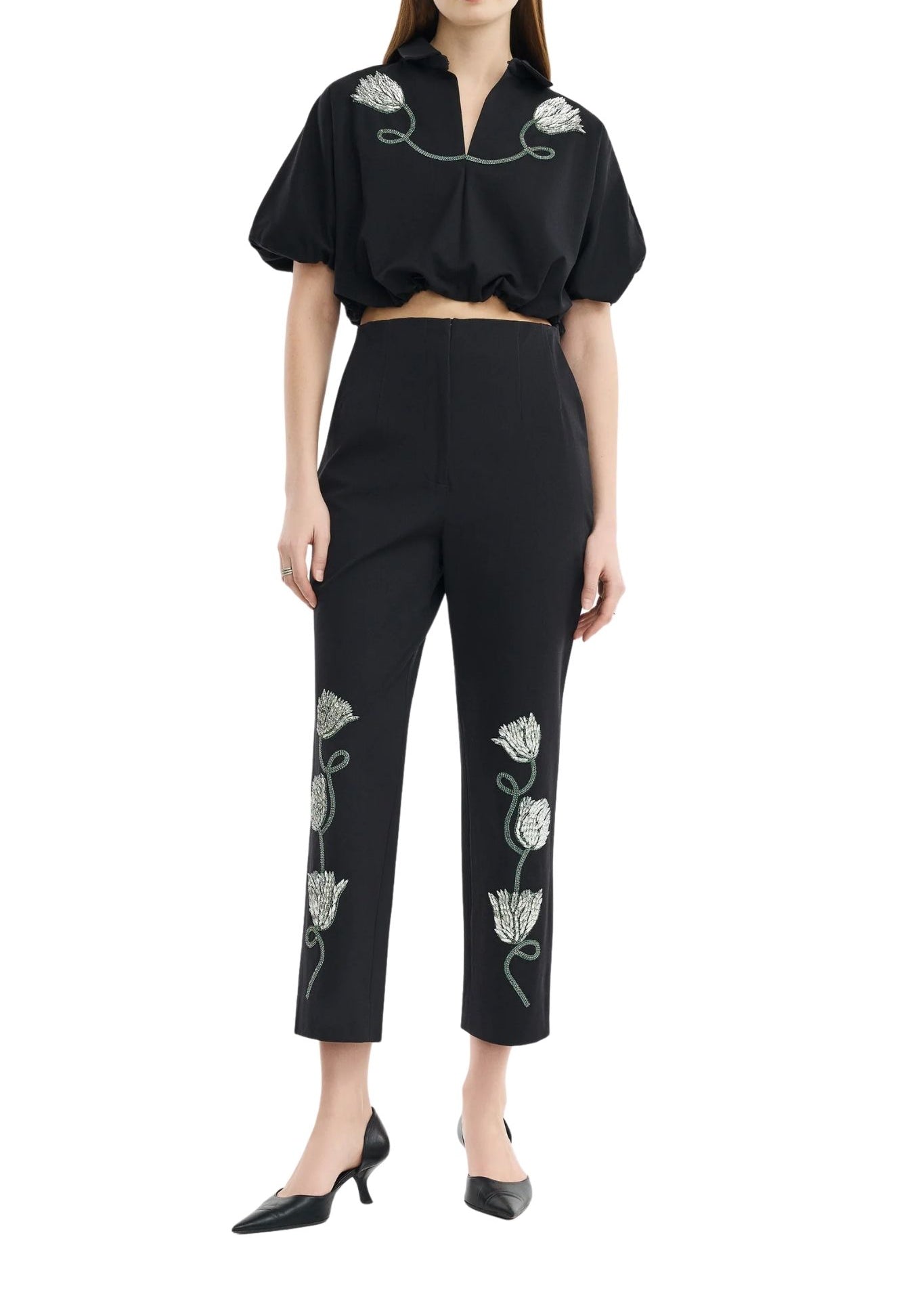 Lela Rose Tulip Crystal Embroidered Stretch Cotton Top