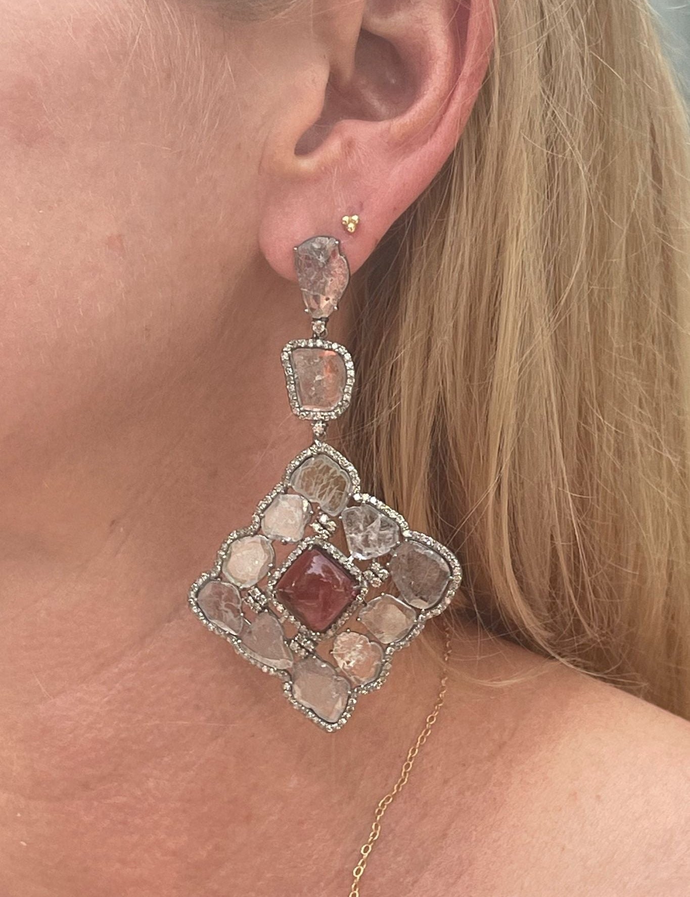 The Woods Diamond Slice Tourmaline Square earrings (trunk show) - Vermillion