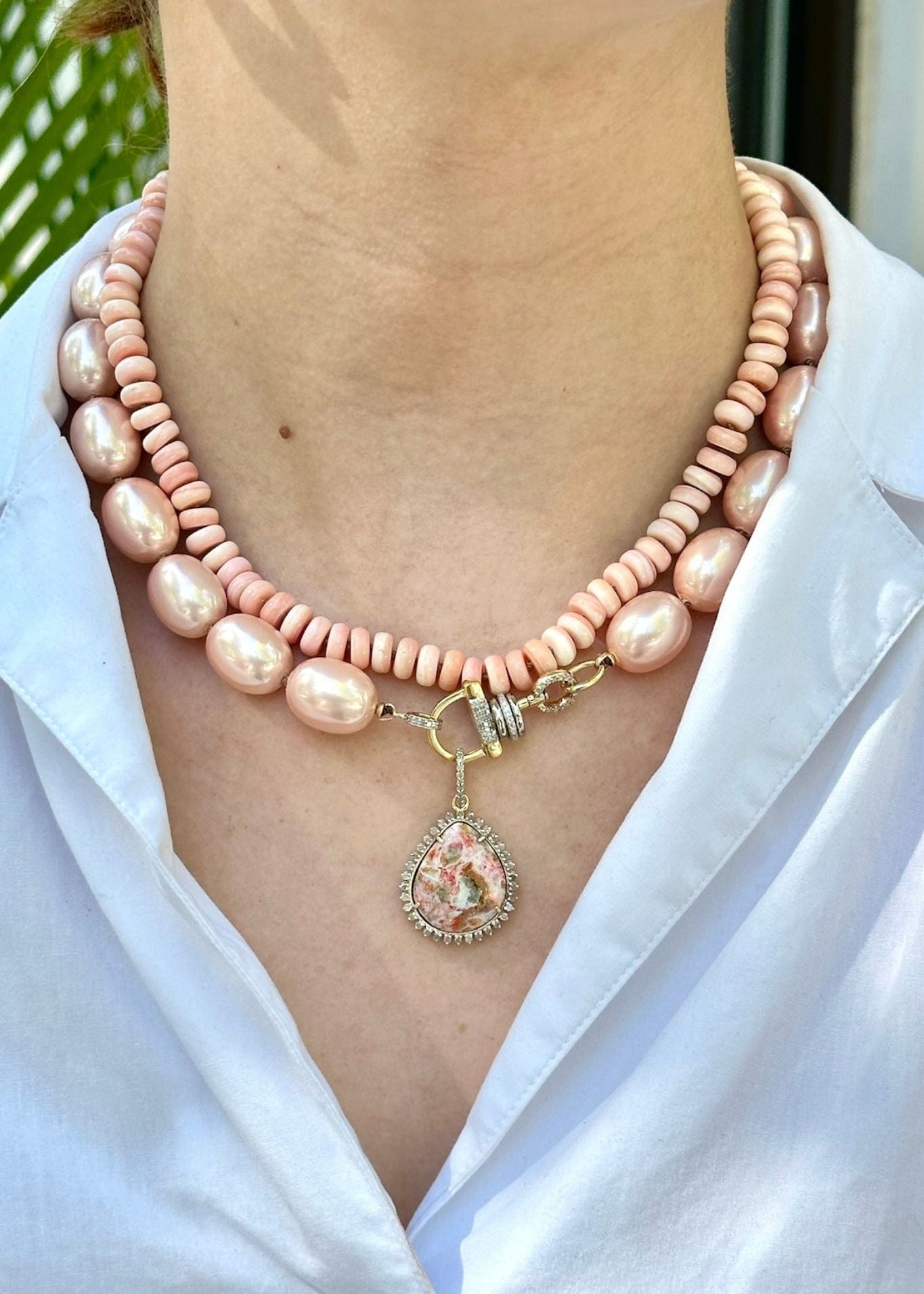 The Woods Mother of Pearl Pink Beaded Necklace V1123 - Vermillion