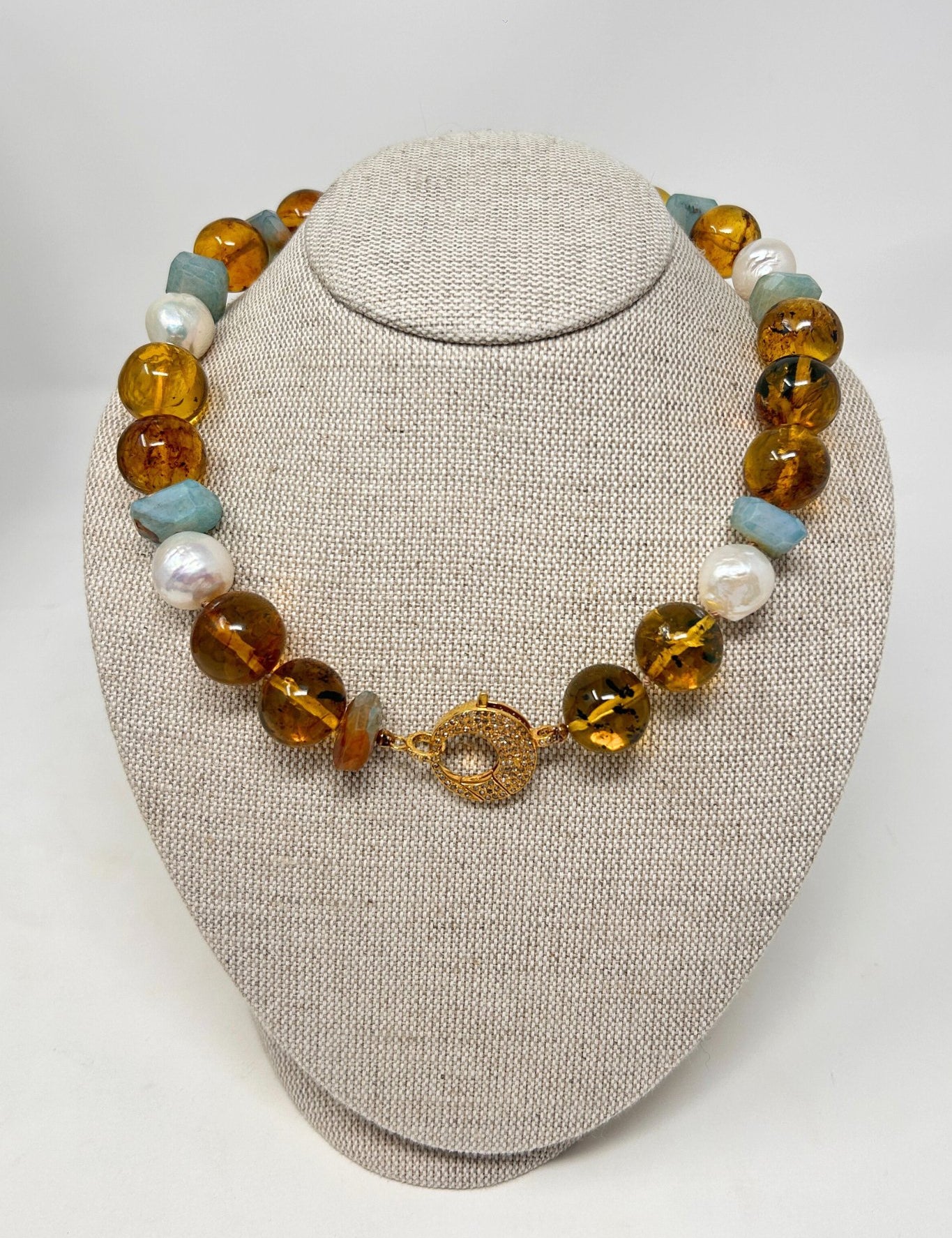 The Woods Short Amber, Pearl and Amazonite Necklace (trunk show) - Vermillion